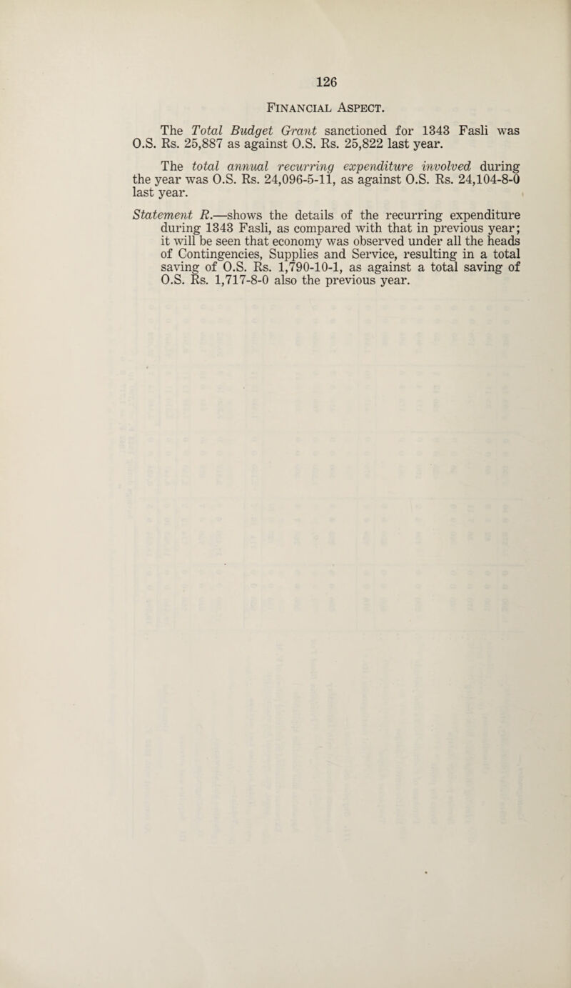 Financial Aspect. The Total Budget Grant sanctioned for 1343 Fasli was O.S. Rs. 25,887 as against O.S. Rs. 25,822 last year. The total annual recurring expenditure involved during the year was O.S. Rs. 24,096-5-11, as against O.S. Rs. 24,104-8-0 last year. Statement R.—shows the details of the recurring expenditure during 1343 Fasli, as compared with that in previous year; it will be seen that economy was observed under all the heads of Contingencies, Supplies and Service, resulting in a total saving of O.S. Rs. 1,790-10-1, as against a total saving of O.S. Rs. 1,717-8-0 also the previous year.