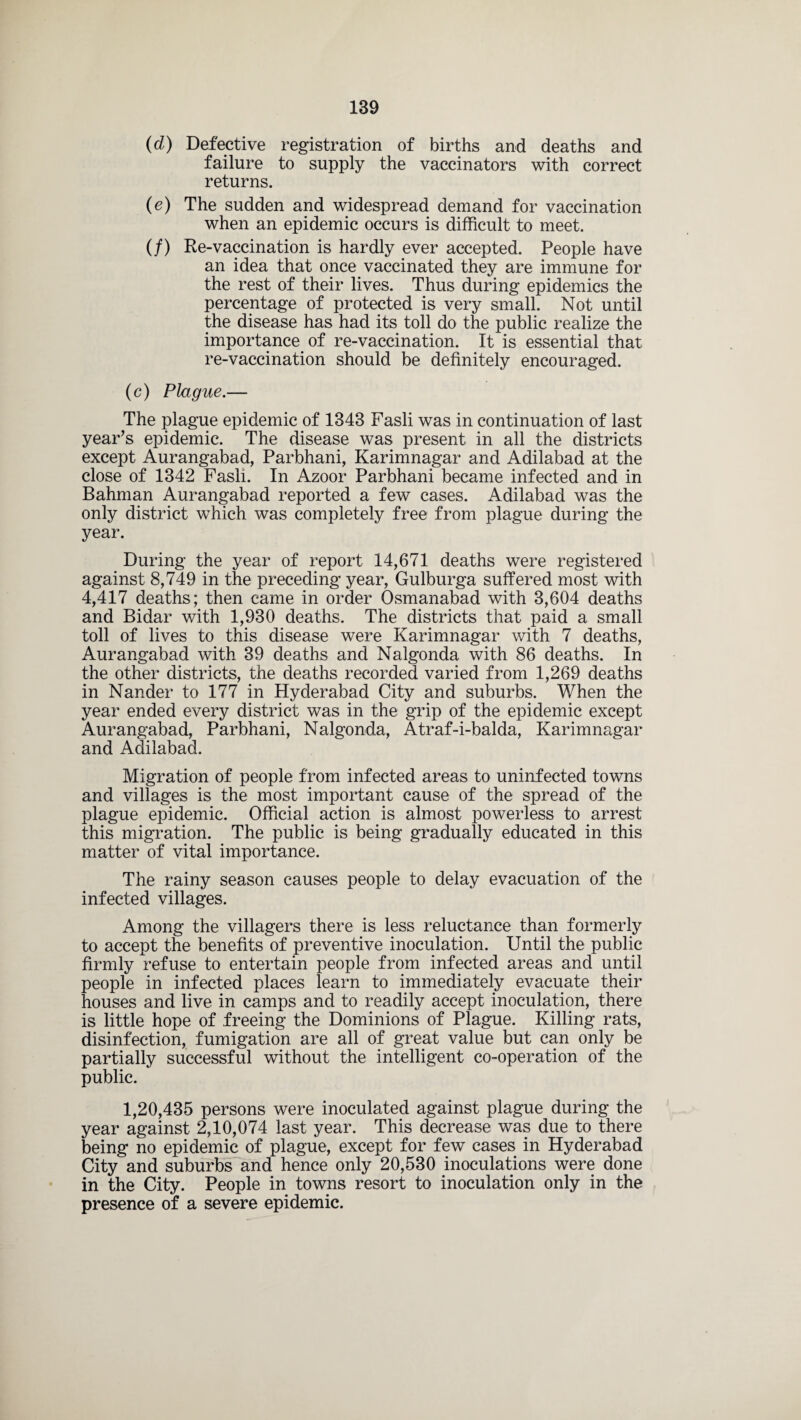 (d) Defective registration of births and deaths and failure to supply the vaccinators with correct returns. (e) The sudden and widespread demand for vaccination when an epidemic occurs is difficult to meet. (/) Re-vaccination is hardly ever accepted. People have an idea that once vaccinated they are immune for the rest of their lives. Thus during epidemics the percentage of protected is very small. Not until the disease has had its toll do the public realize the importance of re-vaccination. It is essential that re-vaccination should be definitely encouraged. (c) Plague.— The plague epidemic of 1343 Fasli was in continuation of last year’s epidemic. The disease was present in all the districts except Aurangabad, Parbhani, Karimnagar and Adilabad at the close of 1342 Fasli. In Azoor Parbhani became infected and in Bahman Aurangabad reported a few cases. Adilabad was the only district which was completely free from plague during the year. During the year of report 14,671 deaths were registered against 8,749 in the preceding year, Gulburga suffered most with 4,417 deaths; then came in order Osmanabad with 3,604 deaths and Bidar with 1,930 deaths. The districts that paid a small toll of lives to this disease were Karimnagar with 7 deaths, Aurangabad with 39 deaths and Nalgonda with 86 deaths. In the other districts, the deaths recorded varied from 1,269 deaths in Nander to 177 in Hyderabad City and suburbs. When the year ended every district was in the grip of the epidemic except Aurangabad, Parbhani, Nalgonda, Atraf-i-balda, Karimnagar and Adilabad. Migration of people from infected areas to uninfected towns and villages is the most important cause of the spread of the plague epidemic. Official action is almost powerless to arrest this migration. The public is being gradually educated in this matter of vital importance. The rainy season causes people to delay evacuation of the infected villages. Among the villagers there is less reluctance than formerly to accept the benefits of preventive inoculation. Until the public firmly refuse to entertain people from infected areas and until people in infected places learn to immediately evacuate their houses and live in camps and to readily accept inoculation, there is little hope of freeing the Dominions of Plague. Killing rats, disinfection, fumigation are all of great value but can only be partially successful without the intelligent co-operation of the public. 1,20,435 persons were inoculated against plague during the year against 2,10,074 last year. This decrease was due to there being no epidemic of plague, except for few cases in Hyderabad City and suburbs and hence only 20,530 inoculations were done in the City. People in towns resort to inoculation only in the presence of a severe epidemic.