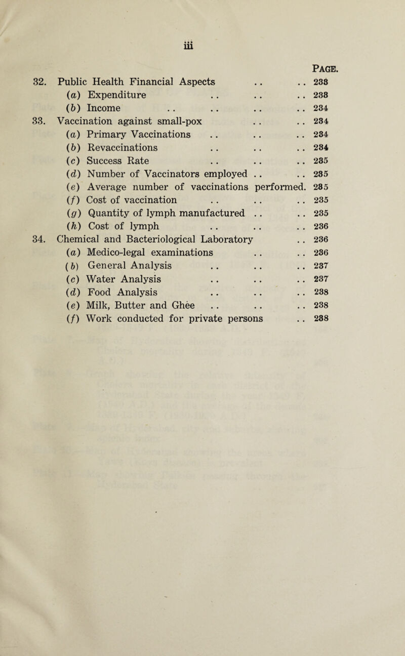 ♦ • • 111 Page. 32. Public Health Financial Aspects .. .. 238 (a) Expenditure .. .. .. 238 (b) Income . . .. .. .. 234 33. Vaccination against small-pox . . . . 234 (a) Primary Vaccinations .. .. .. 234 (b) Revaccinations . . .. . . 284 (c) Success Rate .. .. .. 235 (d) Number of Vaccinators employed . . .. 235 (e) Average number of vaccinations performed. 285 (/) Cost of vaccination . . . . .. 235 (g) Quantity of lymph manufactured . . . . 235 (h) Cost of lymph . . .. . . 236 34. Chemical and Bacteriological Laboratory . . 236 (a) Medico-legal examinations . . . . 236 ( b) General Analysis .. .. .. 237 (c) Water Analysis . . .. .. 237 (d) Food Analysis .. .. . . 238 (e) Milk, Butter and Ghee . . . . . . 238 (/) Work conducted for private persons .. 288