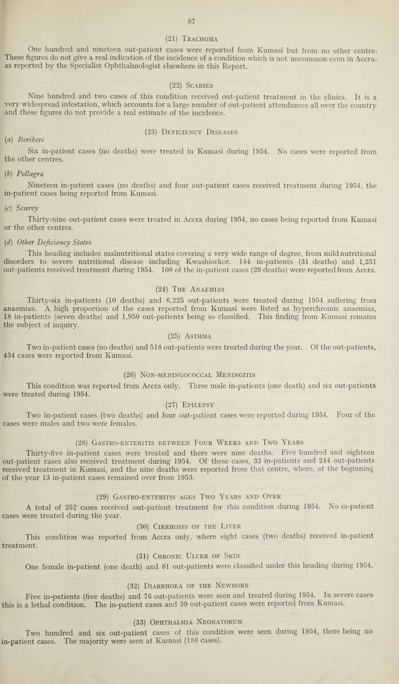 (21) Trachoma One hundred and nineteen out-patient cases were reported from Kumasi but from no other centre- These figures do not give a real indication of the incidence of a condition which is not uncommon even in Accra? as reported by the Specialist Ophthalmologist elsewhere in this Report. (22) Scabies Nine hundred and two cases of this condition received out-patient treatment in the clinics. It is a very widespread infestation, which accounts for a large number of out-patient attendances all over the country and these figures do not provide a real estimate of the incidence. (23) Deficiency Diseases (a) Beriberi Six in-patient cases (no deaths) were treated in Kumasi during 1954. No cases were reported from the other centres. (b) Pellagra Nineteen in-patient cases (no deaths) and four out-patient cases received treatment during 1954, the in-patient cases being reported from Kumasi. (ic) Scurvy Thirty-nine out-patient cases were treated in Accra during 1954, no cases being reported from Kumasi or the other centres. (d) Other Deficiency States This heading includes malnutritional states covering a very wide range of degree, from mild nutritional disorders to severe nutritional disease including Kwashiorkor. 144 in-patients (31 deaths) and 1,251 out-patients received treatment during 1954. 108 of the in-patient cases (29 deaths) were reported from Accra. (24) The Anaemias Thirty-six in-patients (10 deaths) and 6,225 out-patients were treated during 1954 suffering from anaemias. A high proportion of the cases reported from Kumasi were listed as hyperchromic anaemias, 18 in-patients (seven deaths) and 1,950 out-patients being so classified. This finding from Kumasi remains the subject of inquiry. (25) Asthma Two in-patient cases (no deaths) and 518 out-patients were treated during the year. Of the out-patients, 434 cases were reported from Kumasi. (26) Non-meningococcal Meningitis This condition was reported from Accra only. Three male in-patients (one death) and six out-patients were treated during 1954. (27) Epilepsy Two in-patient cases (two deaths) and four out-patient cases were reported during 1954. Four of the cases were males and two were females. (28) Gastroenteritis between Four Weeks and Two Years Thirty-five in-patient cases were treated and there were nine deaths. Five hundred and eighteen out-patient cases also received treatment during 1954. Of these cases, 32 in-patients and 244 out-patients received treatment in Kumasi, and the nine deaths were reported from that centre, where, at the beginning of the year 13 in-patient cases remained over from 1953. (29) Gastro-enteritis ages Two Years and Over A total of 252 cases received out-patient treatment for this condition during 1954. No in-patient cases were treated during the year. (30) Cirrhosis of the Liver This condition was reported from Accra only, where eight cases (two deaths) received in-patient treatment. (31) Chronic Ulcer of Skin One female in-patient (one death) and 81 out-patients were classified under this heading during 1954. (32) Diarrhoea of the Newborn Five in-patients (five deaths) and 76 out-patients were seen and treated during 1954. In severe cases this is a lethal condition. The in-patient cases and 39 out-patient cases were reported from Kumasi. (33) Ophthalmia Neonatorum Two hundred and six out-patient cases of this condition were seen during 1954, there being no in-patient cases. The majority were seen at Kumasi (188 cases).