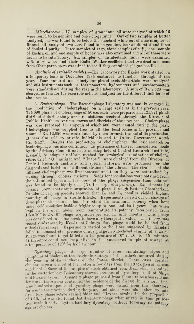 Miscellaneous.—17 samples of groundnut oil were analysed of which 16 were found to b6 genuine and one non-genuine. Out of two samples of butter analysed, one was found to be below the standard while out of nine samples of linseed oil analysed two were found to be genuine, four adulterated and three of doubtful purity. Three samples of sago, three samples of suji, one sample of kaehra oil and one sample of honey was also examined and all of these were found to be satisfactory. Six samples of disinfectants fluids were examined with a view to find their Radial Walker coefficient and two dead rats sent from Champaran were examined to see if they contained plague bacilli. Analysis of excisable articles.—The laboratory for Excise work started on a temporary basis in December 1934 continued to function throughout the year. Eour hundred and ninety samples of excisable articles were analysed and 304 instruments such as thermometers, hydrometers and saccharometers were standardised during the year in the laboratory. A sum of Rs. 2,528 was charged as fees for the excisable articles analysed for the different distilleries of the province. 3. Bacteriophage.—The Bacteriophage Laboratory was mainly engaged in the production of choleraphage on a large scale as in the previous year. 124,090 phials of choleraphage of 50c.c. each were prepared and 121,921 phials distributed during the year on requisitions received through the Director of Public Health to various towns and districts of the province. Choleraphage was also prepared in ampouls of which 600 were issued during the year. Choleraphage was supplied free to all the local bodies in the province and a sum of Rs. 12,050 was contributed by them towards the cost of its production. It was also sold to private individuals and to Orissa Government worth Rs. 4,427. Besides the production of choleraphage, the basic research on bacteriophage was also continued. In pursuance of the recommendation made by the Advisory Committee in its meeting held at Central Research Institute, Kasauli, to adopt a uniform method for serological examination of cholera, vibrio dried ‘ O * antigen and “ Inaba ”, were obtained from the Director of Central Research Institute and special anti-sera were produced for the diagnosis and isolation of different strains of the vibrios. The virulence of the different choleraphage was first increased and then they were naturalised by passing through cholera patients. Seeds for inoculations were obtained from the naturalised types and the brew of the phage suspension thus obtained was found to be highly rich (Xx 10 corpuscles per c.c.). Experiments by passing brew containing suspension of phage through Pasteur Chamberland Candles of varying porosity showed that L2 and L3 candles yielded highest quantity of phage in sterile filtrate. Experiments carried out on storage of these phage also showed that it retained its maximum potency when kept under cold condition inside a frigidaire up to one and half years, but when kept in the open under room temperature its potency deteriorated from 1*3 x 1010 to 2 X10’° phage corpuscles per c.c. in nine months. This phage was considered to be too weak to have any therapeutic value. The theory was recently advanced by Kendal of Chicago that phage could be isolated from autoclaved sewage. Experiments carried on the lines suggested by Kandall failed to demonstrate presence of any phage in autoclaved sample of sewage. Phage was found to get killed at a temperature of 70° in 10 to 15 minutes. It therefore could not keep alive in the autoclaved sample of sewage at a temperature of 120° for half an hour. Dysentery phage.— A large number of cases simulating signs and symptoms of cholera at the beginning stage of the attack occurred during the year in Mokama thana of the Patna district. These cases resisted choleraphage and most of them after a few days from the attack passed mucus and blood. Some of the samples of stools obtained from them when examined in the bacteriophage Laboratory showed presence of dysentery bacilli of Shiga and Flexner types. Dysentery phage prepared from these strains when sent out for use in these areas controlled the incidence of the disease in a short time. One hundred ampoules of dysentery phage were issued from the laboratory for use in the province during the year, and steps were also taken to mix dysentery phage active against Shiga and Elexner strains in the proportion of 1:16. It was aRo found that dysentery phage when mixed in this propor¬ tion made it active against bacillary dysentery without Towering its potency against cholera. O