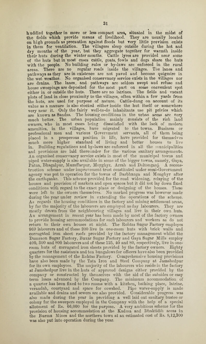 huddled together in more or less compact area, situated in the midst of the fields which provide means of livelihood. They are usually located on high grounds as precaution against floods but very little provision exists in them for ventilation. The villagers sleep outside during the hot and dry months of the year, but they aggregate together for warmth inside their huts during the winter months. Cattle lyres are provided near some of the huts but in most cases cattle, goats, fowls and dogs share the huts with the people. No building rules or bylaws are enforced in the rural areas. There are no regular roads inside the villages. The lanes and pathways as they are in existence are not paved and become quigmire in the wet weather. No organised conservancy service exists in the villages nor are drains. The lanes and pathways are seldom swept and refuse and house sweepings are deposited for the most part on some convenient spot either in or outside the huts. There are no latrines. The fields and vacant plots of land in close proximity to the villages, often within a few yards from the hats, are used for purpose of nature. Cattle-dung on account of its value as a manure is also stocked either inside the hut itself or somewhere very near it. Only the fairly well-to-do inhabitants use pit privies which are known as Sandas. The housing conditions in the urban areas are very much better. The urban population mainly consists of the rich land owners, who in most cases being dissatisfied with the lack of modern amenities, in the villages, have migrated to the towns. Business or professional men and various Government servants, all of them being placed in a prosperous position in life, have provided for themselves much more higher standard of living and better houses to live in. Building regulations and by-laws are enforced in all the municipalities and provisions are laid thereunder for the various sanitary arrangements. An organised conservancy service exists in most of the municipal towns and piped water-supply is also available in somo of the bigger towns, namely, Gaya, Patna, Bhagalpur, Muzaffarpur, Moyghyr, Arrah and Daltonganj. A recons¬ truction scheme under improvement trust constituted under semi-Government agency was put to operation for the towns of Darbhanga and Monghyr after the earthquake. This scheme provided for the road widening, relaying of the houses and provision of markets and open spaces but it did not lay down fixed conditions with regard to the exact plans or designing of the houses. These were left to the owners themselves. No marked progress was however made during the year under review in extending the operations of the scheme. As regards the housing conditions in the factory and mining settlement areas, by far the majority of the labourers are employed as day labourers. They are mostly drawn from the neighbouring villages and live in their own huts. An arrangement in recent year has been made by most of the factory owners to provide housing accommodations for such labourers and workers as do not return to their own houses at night. The Rohtas Sugar Factory employes 969 labourers and of these 200 live in one-room huts with brick walls and corrugated iron sheet roofs provided by the factory management whilst the Dumraon Sugar Factory, Buxar Sugar Factory and Gaya Sugar Mills employ 400, 300 and 800 labourers and of these 125, 40 and 80, respectively, live in one- room huts of corrugated iron sheets provided by the factory owners. Eighty quarters for the assistants and ten bungalows for officers have also been provided by the management of the Rohtas Factory. Comprehensive housing provisions have also been made by the Tata Iron and Steel Company at Jamshedpur for its own employees. The majority of the labourers who reside in the factory at Jamshedpur live in the huts of approved designs either provided by the company or constructed by themselves with the aid of the subsides or easy term loans advanced by the Company. The minimum accommodation of a quarter has been fixed to two rooms with a kitchen, bathing place, latrine, verandah, courtyard and space for cowshed. Pipe water-supply is made available and drains and sewers are also provided. Considerable progress was also made during the year in providing a well laid out sanitary bustee or colony for the sweepers employed in the Company with the help of a special allotment of Rs. 66,000 for the purpose. A very ambitious scheme for the provision of housing accommodation at the Kadma and Dhaktidih areas in the Burma Mines and the northern town at an estimated cost of Rs. 8,12,300 was also put into operation during the year.