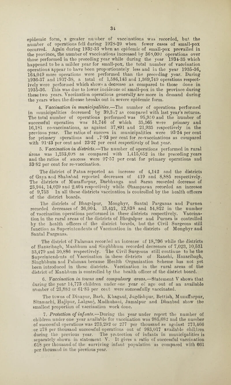 epidemic form, a greater number of vaccinations was recorded, but the number of operations fell during 1923-29 when fewer cases of small-pox occurred. Again during 1932-33 when an epidemic of small-pox prevailed in the province, the number of vaccinations increased by 363,090 operations over those performed in the preceding year while during the year 1934-35 which happened to be a milder year for small-pox, the total number of vaccination operations appear to have been proportionately less and in the year 1935-36, 164,049 more operations were performed than the preceding year. During 1936-37 and 1937-38, a total of 1,586,143 and 1,369,749 operations respect¬ ively were performed which show> a decrease as compared to those clone in 1935-36. This was due to lower incidence of small-pox in the province during these two years. Vaccination operations generally are more in demand during the years when the disease breaks out in severe epidemic form. 4. Vaccination in municipalities.—The number of operations performed in municipalities decreased by 39,3*7 as compared with last year’s returns. The total number of operations performed was 95,950 and the number of successful operation was 51,746 of which 35,565 were primary and 16,181 re-vaccinations, as against 37,891 and 21,935 respectively in the previous year. The ratios of success in municipalities were 93*54 per cent for primary operations and *.7*93 per cent for re-vaccinations as compared with 91*43 per cent and 23*37 per cent respectively of last year. 5. Vaccination in districts.—The number of operations performed in rural areas was 1,233,0'JS as compared with 1,415,652 in the preceding years and the ratios of success were 97'57 per cent for primary operations and 33*82 per cent for re-vaccination. The district of Patna reported an increase of 4,142 and the districts of Gaya and Shahabad reported decreases of 419 and 8,885 respectively. The districts of Muzaffarpur, Darbhanga and Saran recorded decrease of 23,944, 14,029 and 2.404 respectively while Ghamparan recorded an increase of 9,753 In all these districts vaccination is controlled by the health officers of the district boards. The districts of Bhagnlpur, Monghyr, Santal Parganas and Purnea recorded decreases of 36,004, 13,421, 12,838 and 54,822 in the number of vaccination operations performed in these districts respectively. Vaccina¬ tion in the rural areas of the districts of Bhngalpur and Purnea is controlled by the health officers of the district boards, but the Civil Surgeons still function as Superintendents of Vaccination in the districts of Monghyr and Santal Parganas. The district of Palamau recorded an increase of 18,396 while the districts of Hazaribasrh, Manbhum and Singhblium recorded decreases of 7,023, 10,531 33,479 and 30,886 respectively. The Civil Surgeons still continue to be the Superintendents of Vaccination in ihese districts of Ranchi, Hazaribagh, Singhbhum and Palamau because Health Organization Scheme has not yet been introduced in these districts. Vaccination in the rural areas of the district of Manbhum is controlled by the health officer of the district board. 6. Vaccination in towns and compulsory areas.—Statement V shows that during the year 14,773 children under one year of age out of an available number of 23,882 or 61*85 per cent were successfully vaccinated. The towns of Dinapur, Barh, Khagaul, Jagdishpur, Bettiah, Muzaffarpur, Sitamarhi, Hajipur, Lalganp Madhubani, Jamalpur and Dhanbad show tbe smallest proportion of vaccination work done. 7. Protection of inf ants.—During the year under report the number of children under one year available for vaccination was 985,682 and the number of successful operations was 273,292 or 277 per thousand as against 273,466 or 278 per thousand successful operations out of 983,017 available children during the previous year. The protection of infants in municipalities is separately shown in statement V. It gives a ratio of successful vaccination 618 per thousand of the surviving infant population as compared with 661 per thousand in the previous year.