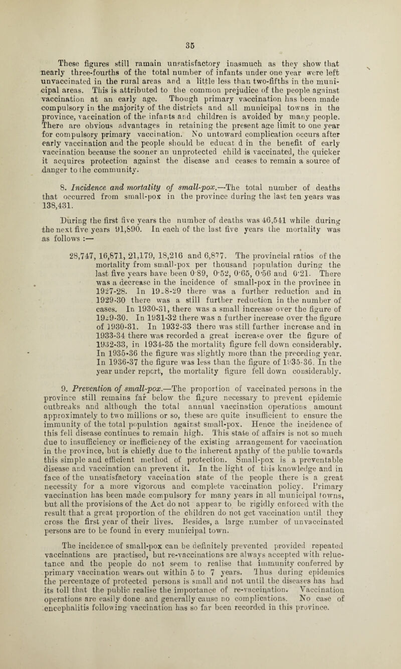 These figures still ramain unsatisfactory inasmuch as they show that nearly three-fourths of the total number of infants under one year were left unvaccinated in the rural areas and a little less than two-fifths in the muni¬ cipal areas. This is attributed to the common prejudice of the people against vaccination at an early age. Though primary vaccination has been made compulsory in the majority of the districts and all municipal towns in the province, vaccination of the infants and children is avoided by many people. There are obvious advantages in retaining the present age limit to one year for compulsory primary vaccination. No untoward complication occurs after early vaccination and the people should he educat d in the benefit of early vaccination because the sooner an unprotected child is vaccinated, the quicker it acquires protection against the disease and ceases to remain a source of danger to the community. 8. Incidence and mortality of small-pox.—The total number of deaths that occurred from small-pox in the province during the last ten years was 138,431. During the first live years the number of deaths was 46,541 while during the next five years 91,890. In each of the last five years the mortality was as follows :— 28,747, 16,871, 21,179, 18,216 and 6,8^7. The provincial ratios of the mortality from small-pox per thousand population during the last five years have been 0 89, 052, 0‘65, 0’56 and G-21. There was a decrease in the incidence of small-pox in the province in 1927-28. In 19.8-29 there was a further reduction and in 1929-30 there was a still further reduction in the number of cases. In 1930-31, there was a small increase over the figure of 19^9-30. In 1931-32 there was a further increase over the figure of 1930-31. In 1932-33 there was still further increase and in 1933-34 there was recorded a great increase over the figure of 1932-33, in 1934-35 the mortality figure fell down considerably. In 1935*36 the figure was slightly more than the preceding year. In 1936-37 the figure was less than the figure of 1935-36. In the year under report, the mortality figure fell down considerably. 9. Prevention of small-pox.—The proportion of vaccinated persons in the province still remains far below the figure necessary to prevent epidemic outbreaks and although the total annual vaccination operations amount approximately to two millions or so, these are quite insufficient to ensure the immunity of the total population against small-pox. Hence the incidence of this fell disease continues to remain high. This state of affairs is not so much due to insufficiency or inefficiency of the existing arrangement for vaccination in the province, but is chiefly due to the inherent apathy of the public towards this simple and efficient method of protection. Small-pox is a preventable disease and vaccination can prevent it. In the light of this knowledge and in face of the unsatisfactory vaccination state of the people there is a great necessity for a more vigorous and complete vaccination policy. Primary vaccination has been made compulsory for many years in all municipal towns, but all the provisions of the Act do not appear to be rigidly enforced with the result that a great proportion of the children do not get vaccination until they cross the first year of their lives. Besides, a large number of unvaccinated persons are to be found in every municipal town. The incidence of small-pox can be definitely prevented provided repeated vaccinations are practised, but re-vaccinations are always accepted with reluc¬ tance and the people do not seem to realise that immunity conferred by primary vaccination wears out within 5 to 7 years. I bus during epidemics the percentage of protected persons is small and not until the diseases has had its toll that the public realise the importance of re-vaccination. Vaccination operations are easily done and generally cause no complications. No case of encephalitis following vaccination has so far been recorded in this province.