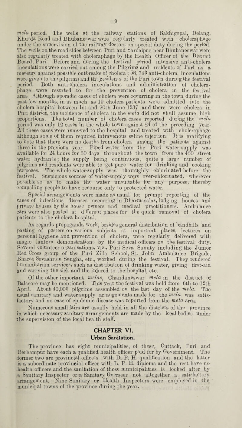 mela period. The wells at the railway stations of Sakhigopal, Delang, Khurda Road and Bhubaneswar were regularly treated with choleraphage under the supervision of the railway doctors on special duty during the period. The wells on the road sides between Puri and Sardaipur near Bhubaneswar were also regularly treated with choleraphage by the Health Officer of the District Board, Puri. Before and during the festival period intensive anti-cholera inoculations were carried out among the Pilgrims and residents of Puri as a measure against possible outbreaks of cholera ; 58, 743 anti-cholera inoculations ware given to the pilgrims and the residents of the Puri town during the festival period. Both anti cholera inoculations and administration of cholera¬ phage were resorted to for the prevention of cholera in the festival area- Although sporadic cases of cholera were occurring in the town during the past few months, in as much as 19 cholera patients were admitted into the cholera hospital between 1st and 20th June 1937 and there were cholera in Puri district, the incidence of cholera in the mela did not at all assume high proportions. The total number of cholera cases reported during the mela period was only 12 cases in the whole town against 24 of the preceding year- All these cases were removed to the hospital and treated with choleraphage although some of them required intravenous saline injection. It is gratifying to note that there were no deaths from cholera among the patients against three in the previous year. Piped water from the Puri water-supply was available for 24 hours for 30 days throughout the town from the 450 street water hydrants; the supply being continuous, quite a large number of pilgrims and residents were able to get pure water for drinking and cooking purposes. The whole water-supply was thoroughly chlorinated before the festival. Suspicious sources of water-supply were over-chlorinated, wherever possible so as to make the water unsuitable for any purpose, thereby compelling people .to have recourse only to protected water. Special arrangements were made as usual for prompt reporting of the cases of infectious diseases occurring in Dharmasalas, lodging houses and private houses by the house owners and medical practitioners. Ambulance cars were also posted at different places for the quick removal of cholera patients to the cholera hospital. As regards propaganda work, besides general distribution of handbills and pasting of posters on various subjects at important places, lectures on personal hygiene and prevention of cholera, were regularly delivered with magic lantern demonstrations by the medical officers on the festival duty. Several volunteer organisations, viz., Puri Seva Samity including the Junior Red Cross group of the Puri Zilla School, St. John Ambulance Brigade, Bharat Sevashram Sangha, etc., worked during the festival. They rendered humanitarian services, such as distribution of drinking water, giving first-aid and carrying the sick and the injured to the hospital, etc. Of the other important melas, Chandaneswar mela in the district of Balasore may be mentioned. This year the festival was held from 6th to 12th April. About 40,000 pilgrims assembled on the last day of the mela. The usual sanitary and water-supply arrangements made for the mela was satis¬ factory and no case of epidemic disease was reported from the mela area. Numerous small fairs are usually held in all the districts of the province in which necessary sanitary arrangements are made by the local bodies under the supervision of the local health staff. CHAPTER VI. Urban Sanitation. The province has eight municipalities, of these, Cuttack, Puri and Berhampur have each a qualified health officer paid for by Government. The former two are provincial officers with D. P. H. qualification and the latter is a subordinate provincial officer with L. P. H. diploma and the rest have no health officers and the sanitation of those municipalities is looked after by a Sanitary Inspector or a Sanitary Overseer not altogether a satisfactory arrangement. Nine Sanitary or Health Inspectors were employed in the municipal towns of the province during the year.