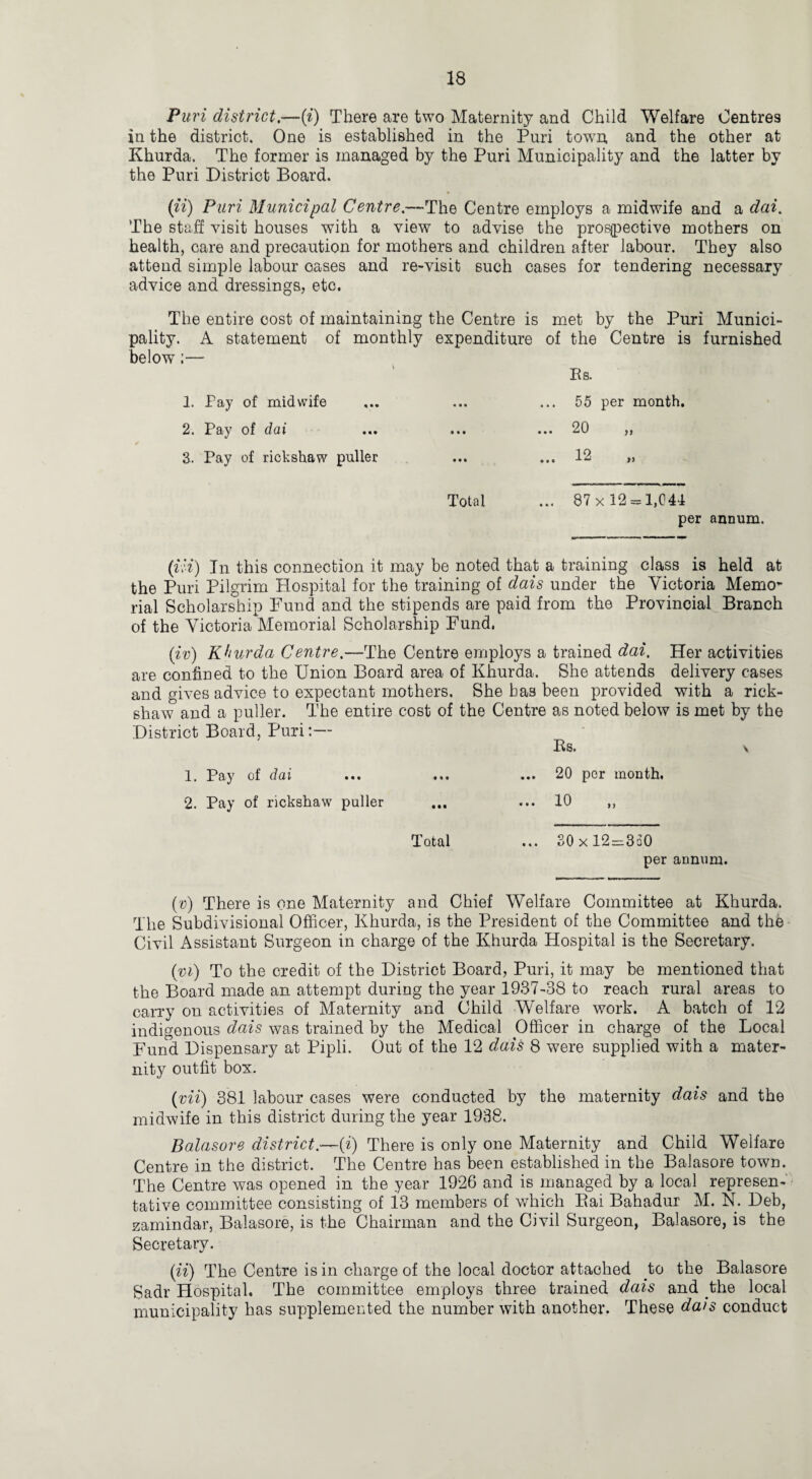 Puri district.—O’) There are two Maternity and Child Welfare Centres in the district. One is established in the Puri town and the other at Khurda. The former is managed by the Puri Municipality and the latter by the Puri District Board. (ii) Puri Municipal Centre.-—The Centre employs a midwife and a dai. The staff visit houses with a view to advise the prospective mothers on health, care and precaution for mothers and children after labour. They also attend simple labour oases and re-visit such cases for tendering necessary advice and dressings, etc. The entire cost of maintaining the Centre is met by the Puri Munici¬ pality. A statement of monthly expenditure of the Centre is furnished below;— • • • Total (tii) In this connection it may be noted that a training class is held at the Puri Pilgrim Hospital for the training of dais under the Victoria Memo¬ rial Scholarship Fund and the stipends are paid from the Provincial Branch of the Victoria Memorial Scholarship Fund. (iv) Khurda Centre.—The Centre employs a trained dai. Her activities are confined to the Union Board area of Khurda. She attends delivery cases and gives advice to expectant mothers. She has been provided with a rick¬ shaw and a puller. The entire cost of the Centre as noted below is met by the District Board, Puri:— Rs. v 1. Pay of dai ... ... ... 20 por month. 2. Pay of rickshaw puller ... ... 10 ,, Total ... SO x 12 = 350 per annum. (v) There is one Maternity and Chief Welfare Committee at Khurda. The Subdivisional Officer, Khurda, is the President of the Committee and the Civil Assistant Surgeon in charge of the Khurda Hospital is the Secretary. (vi) To the credit of the District Board, Puri, it may be mentioned that the Board made an attempt during the year 1937-38 to reach rural areas to carry on activities of Maternity and Child W'elfare work. A batch of 12 indigenous dais was trained by the Medical Officer in charge of the Local Fund Dispensary at Pipli. Out of the 12 dais 8 were supplied with a mater¬ nity outfit box. (mi) 381 labour cases were conducted by the maternity dais and the midwife in this district during the year 1938. Balasore district.—(i) There is only one Maternity and Child Welfare Centre in the district. The Centre has been established in the Balasore town. The Centre was opened in the year 1926 and is managed by a local represen¬ tative committee consisting of 13 members of which Piai Bahadur M. N. Deb, zamindar, Balasore, is the Chairman and the Civil Surgeon, Balasore, is the Secretary. (ii) The Centre is in charge of the local doctor attached to the Balasore Sadr Hospital, The committee employs three trained dais and the local municipality has supplemented the number with another. These dais conduct 1. Pay of midwife 2. Pay of dai 3. Pay of rickshaw puller Rs. ... 55 per month. ... 20 ... 12 ... 87 x 12 —1,041 per annum.