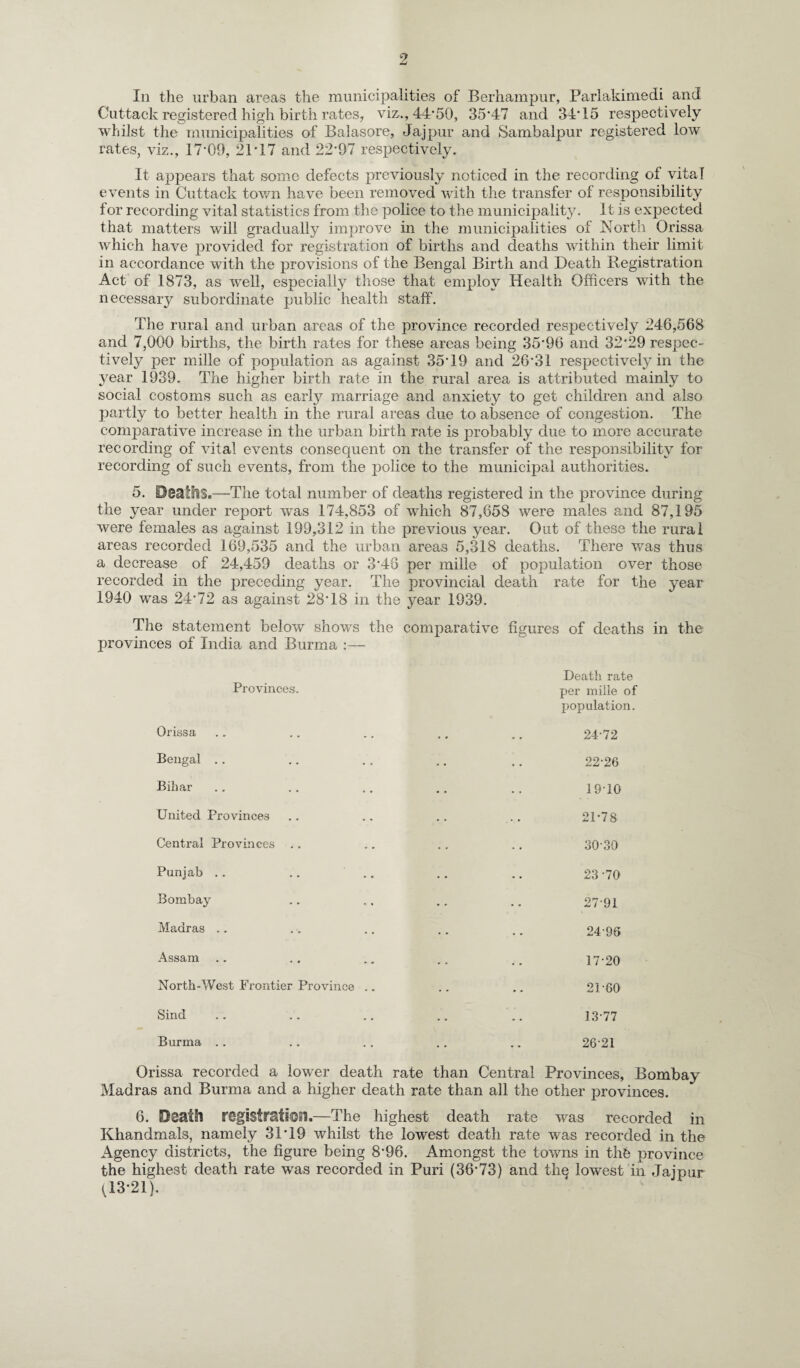 2 In the urban areas the municipalities of Berhampur, Parlakimedi and Cuttack registered high birth rates, viz., 44*50, 35*47 and 34*15 respectively whilst the municipalities of Balasore, Jajpur and Sambalpur registered low rates, viz., 17*09, 21*17 and 22*97 respectively. It appears that some defects previously noticed in the recording of vital events in Cuttack town have been removed with the transfer of responsibility for recording vital statistics from the police to the municipality. It is expected that matters will gradually improve in the municipalities of North Orissa which have provided for registration of births and deaths within their limit in accordance with the provisions of the Bengal Birth and Death Registration Act of 1873, as well, especially those that employ Health Officers with the necessary subordinate public health staff. The rural and urban areas of the province recorded respectively 246,568 and 7,000 births, the birth rates for these areas being 35*96 and 32*29 respec¬ tively per mille of population as against 35*19 and 26*31 respectively in the year 1939. The higher birth rate in the rural area is attributed mainly to social costoms such as early marriage and anxiety to get children and also partly to better health in the rural areas due to absence of congestion. The comparative increase in the urban birth rate is probably due to more accurate recording of vital events consequent on the transfer of the responsibility for recording of such events, from the police to the municipal authorities. 5. Dsalhs.—The total number of deaths registered in the province during the year under report was 174,853 of which 87,658 were males and 87,195 were females as against 199,312 in the previous year. Out of these the rural areas recorded 169,535 and the urban areas 5,318 deaths. There was thus a decrease of 24,459 deaths or 3*48 per mille of population over those recorded in the preceding year. The provincial death rate for the year 1940 was 24*72 as against 28*18 in the year 1939. The statement below shows the comparative figures of deaths in the provinces of India and Burma :— Death rate Provinces. per mille of population. Orissa .. .. .. .. .. 24*72 Bengal .. .. .. .. .. 22*26 Bihar .. .. .. .. .. 19*10 United Provinces .. .. .. .. 21*78 Central Provinces .. .. .. .. 30*30 Punjab .. .. .. .. .. 23 *70 Bombay .. .. .. .. 27*91 Madras .. . .. .. .. 24*95 Assam .. .. .. .. _ 17*20 North-West Frontier Province .. .. .. 21*60 Sind .. .. .. .. .. 13*77 Burma .. .. .. .. .. 26*21 Orissa recorded a lower death rate than Central Provinces, Bombay Madras and Burma and a higher death rate than all the other provinces. 6. Death registration.—The highest death rate was recorded in Khandmals, namely 31*19 whilst the lowest death rate was recorded in the Agency districts, the figure being 8*96. Amongst the towns in thfe province the highest death rate was recorded in Puri (36*73) and thq lowest in Jajpur (13*21).