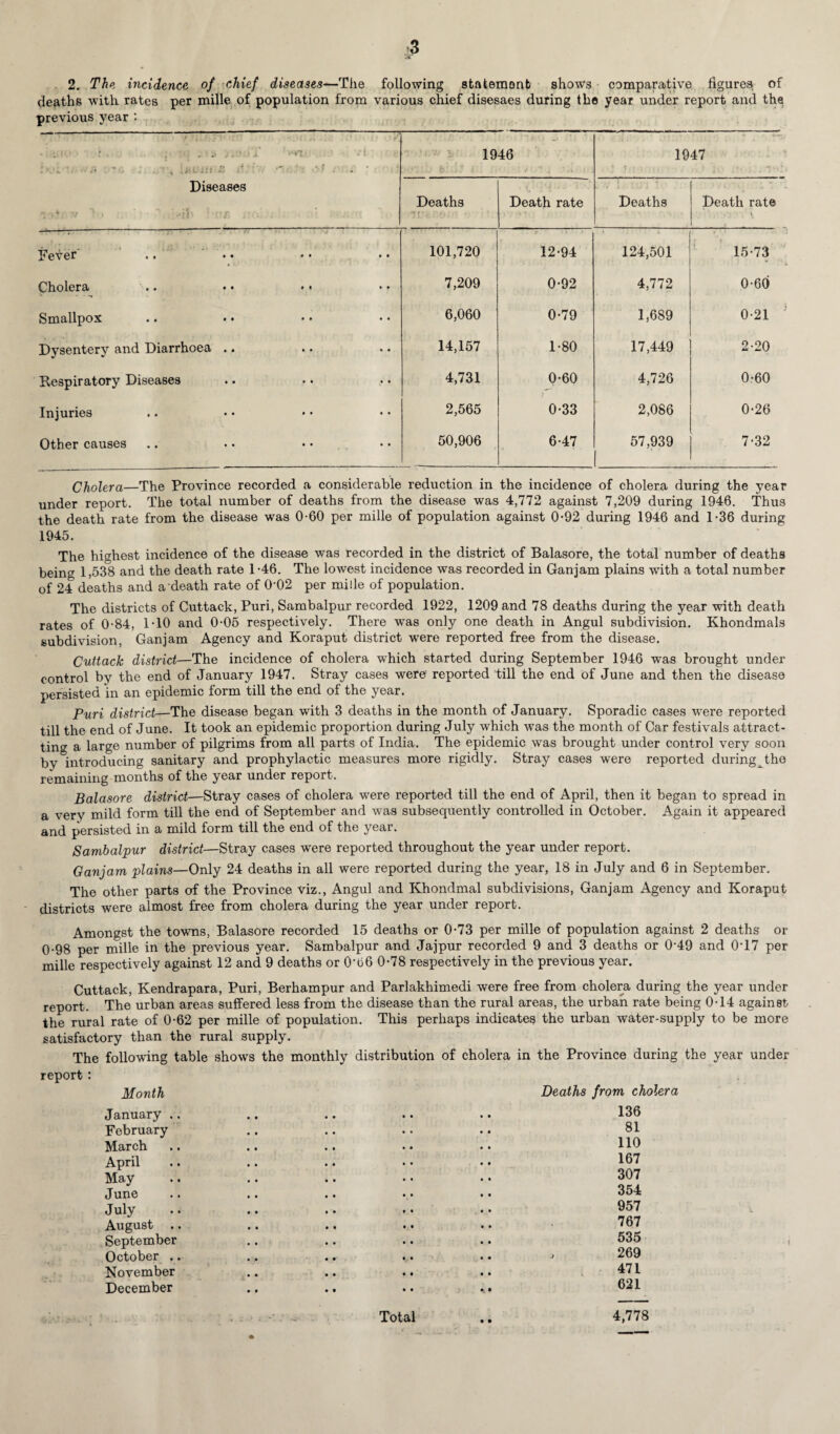 2. The incidence of chief diseases—The following statement shows comparative figures of deaths with rates per mille of population from various chief disesaes during the year under report and the previous year : • • f . % ^ C] ■ . : Diseases ' V , ‘ - ' G1- - r 1946 1947 Deaths . . 1 ■ ‘ ■* • ■ Death rate Deaths Death rate \ - — Fever' .. • * 101,720 12-94 124,501 15-73 * Cholera .. • • • • 7,209 0-92 4,772 0-60 Smallpox 6,060 0-79 1,689 0-21 Dysentery and Diarrhoea .. 14,157 1-80 17,449 2-20 Respiratory Diseases 4,731 0-60 4,726 0-60 Injuries 2,565 0-33 2,086 0-26 Other causes 50,906 6-47 57,939 I 7-32 Cholera—The Province recorded a considerable reduction in the incidence of cholera during the year under report. The total number of deaths from the disease was 4,772 against 7,209 during 1946. Thus the death rate from the disease was 0-60 per mille of population against 0-92 during 1946 and 1-36 during 1945. The highest incidence of the disease was recorded in the district of Balasore, the total number of deaths being 1,538 and the death rate 1-46. The lowest incidence was recorded in Ganjam plains with a total number of 24 deaths and a death rate of 0-02 per mille of population. The districts of Cuttack, Puri, Sambalpur recorded 1922, 1209 and 78 deaths during the year with death rates of 0-84, 1-10 and 0-05 respectively. There was only one death in Angul subdivision. Khondmals subdivision, Ganjam Agency and Koraput district were reported free from the disease. Cuttack district—The incidence of cholera which started during September 1946 was brought under control by the end of January 1947. Stray cases were reported till the end of June and then the disease persisted in an epidemic form till the end of the year. Puri district—The disease began with 3 deaths in the month of January. Sporadic cases wTere reported till the end of June. It took an epidemic proportion during July which was the month of Car festivals attract- ting a large number of pilgrims from all parts of India. The epidemic was brought under control very soon by introducing sanitary and prophylactic measures more rigidly. Stray cases were reported during ^ the remaining months of the year under report. Balasore district—Stray cases of cholera were reported till the end of April, then it began to spread in a very mild form till the end of September and was subsequently controlled in October. Again it appeared and persisted in a mild form till the end of the year. Sambalpur district—Stray cases were reported throughout the year under report. Ganjam plains—Only 24 deaths in all were reported during the year, 18 in July and 6 in September. The other parts of the Province viz., Angul and Khondmal subdivisions, Ganjam Agency and Koraput districts were almost free from cholera during the year under report. Amongst the towns, Balasore recorded 15 deaths or 0-73 per mille of population against 2 deaths or 0-98 per mille in the previous year. Sambalpur and Jajpur recorded 9 and 3 deaths or 0‘49 and 0’17 per mille respectively against 12 and 9 deaths or 0'66 0-78 respectively in the previous year. Cuttack, Kendrapara, Puri, Berhampur and Parlakhimedi were free from cholera during the year under report. The urban areas suffered less from the disease than the rural areas, the urban rate being 0-14 against the rural rate of 0-62 per mille of population. This perhaps indicates the urban water-supply to be more satisfactory than the rural supply. The following table show's the monthly distribution of cholera in the Province during the year under report: , Month Deaths from cholera January .. February March April May June July . t August .. September October .. November December 81 110 167 307 354 957 767 535 269 471 621 Total • • 4,778