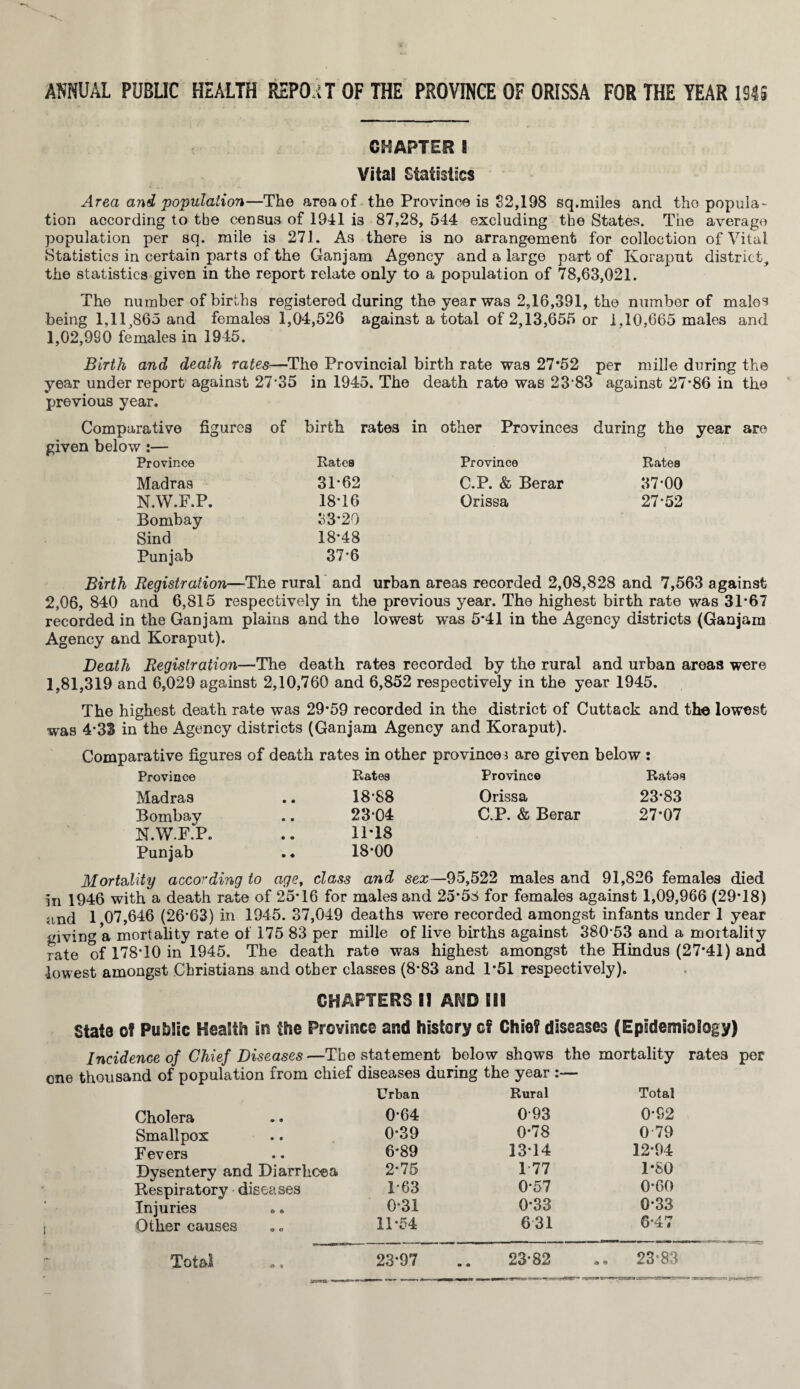 CHAPTER I Vital Statistics Area and population—The area of the Province is 82,198 sq.miles and the popula¬ tion according to the census of 1941 is 87,28, 544 excluding the States. The average population per sq. mile is 271. As there is no arrangement for collection of Vital Statistics in certain parts of the Gan jam Agency and a large part of Koraput district, the statistics given in the report relate only to a population of 78,63,021. The number of births registered during the year was 2,16,391, the number of male'? being 1,11,865 and females 1,04,526 against a total of 2,13,655 or 1,10,665 males and 1,02,990 females in 1945. Birth and death rates—The Provincial birth rate was 27*52 per raille during the year underreport against 27*35 in 1945. The death rate was 23*83 against 27*86 in the previous year. Comparative figures of birth rates in other Provinces during the year given below :— Province Rates Province Rates Madras 31*62 C.P. & Berar 37*00 N.W.F.P. 18*16 Orissa 27*52 Bombay 33*29 Sind 18*48 Punjab 37*6 Birth Registration—The rural and urban areas recorded 2,08,828 and 7,563 against 2,06, 840 and 6,815 respectively in the previous year. The highest birth rate was 31*67 recorded in the Ganjam plains and the lowest was 5*41 in the Agency districts (Ganjam Agency and Koraput). Death Registration—The death rates recorded by the rural and urban areas were 1,81,319 and 6,029 against 2,10,760 and 6,852 respectively in the year 1945. The highest death rate was 29*59 recorded in the district of Cuttack and the lowest was 4*33 in the Agency districts (Ganjam Agency and Koraput). Comparative figures of death rates in other provinces are given below : Province Bates Province Ratos Madras • • 18*88 Bombay • • 23*04 N.W.F.P. • • 11*18 Punjab • « 18*00 Orissa 23*83 C.P. & Berar 27*07 Mortality according to age, class and sex—95,522 males and 91,826 females died in 1946 with a death rate of 25*16 for males and 25*58 for females against 1,09,966 (29*18) and 1 07,646 (26*63) in 1945. 37,049 deaths were recorded amongst infants under 1 year giving a mortality rate of 175 83 per mille of live births against 380*53 and a mortality rate of 178*10 in 1945. The death rate was highest amongst the Hindus (27*41) and lowest amongst Christians and other classes (8*83 and 1*51 respectively). CHAPTERS M AHD IBS State of Public Health In the Province and history cf Chief diseases (Epidemiology) Incidence of Chief Diseases —The statement below shows the mortality rates per one thousand of population from chief diseases during the year :— Cholera Smallpox Fevers Dysentery and Diarrhoea Respiratory diseases Injuries i Other causes Total .. 23*97 .. 23*82 .. 23'83 Urban Rural Total 0*64 0*93 0*92 0*39 0*78 0 79 6*89 13*14 12*94 2*75 1-77 1*80 1*63 0*57 0*60 0*31 0*33 0*33 11*54 631 6*47