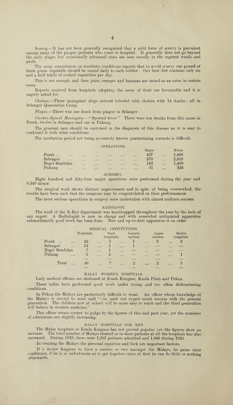 Scurvy.—It lias not been generall}^ recognized that a mild form of scurvy is prevalent among many of the pauper patients who come to hospital. It generally does not go beyond the early stages but occasionally advanced cases are seen usually in the vagrant wards and gaols. The army commission on scorbutic conditions reports that to avoid scurvy one pound of fresh green vegetable should be issued daily to each soldier. Our best diet contains only six and a half tahils of cooked vegetables per day. This is not enough, and lime juice, oranges and bananas are issued as an extra in certain cases. Reports received from hospitals adopting the issue of fruit are favourable and it is eagerly asked for. Cholera.—Three immigrant ships arrived infected ivith cholera with 14 deaths ; all in Selangor Quarantine Camp. Plagiie.—There was one death from plague in Selangor. Cerehro-Spinal Meningitis.—“Spotted fever.” There were ten deaths from this cause in Perak, twelve in Selangor and one in Pahang. The greatest care should be exercised in the diagnosis of this disease as it is easy to confound it with other conditions. The incubation period not being accurately known quarantining contacts is difficult. OPERATIONS. Major. Minor. Perak ... . 407 1,866 Selangor . 273 2,859 Negri Sembilan . 143 1,400 Pahang . 31 224 SURGERY. Eight hundred and fifty-four major operations were performed during the year and 6,349 minor. The surgical Avork shows distinct improvement and in spite of being overworked, the results have been such that the surgeons may be congratulated on their performances. The most serious operations in surgery were undertaken with almost uniform success. RADIOLOGY. The work of the X-Ray department was handicapped throughout the year by the lack of any expert. A Radiologist is now in charge and with somewhat antiquated apparatus extraordinarily good work has been done. New and up-to-date apparatus is on order. MEDICAL INSTITUTIONS. Perak ... Hospitals. 22 Gaol hospitals. 3 Lunatic asylum. 1 Leper asylum. 2 Estate hospitals. 2 Selangor 14 1 1 — ... - Negri Sembilan rr / 1 ... — — ... - Pahang 5 2 ... — — 1 Total 48 7 2 2 3 Lady medical officers MALAY WOMEN’S HOSPITALS, are stationed at Kuala Kangsar, Kuala Pilah and Pekan. These ladies have performed good work under trying and too often disheartening conditions. In Pekan the Malays are particularly difficult to treat. An officer whose knowledge of the Malays is second to none said “ you need not expect much success with the present generation. The children now at school will be more easy to reach and the third generation will believe in western medicine.” This officer seems correct to judge by the figures of this and past year, yet the numbers of admissions are slightly increasing. MALAY HOSPITALS FOR MEN. The Malay hospitals at Kuala Kangsar has not proved popular yet the figures show an increase. The total number of Malays treated as in-door patients at all the hospitals has also increased. During 1919, there were 1,301 patients admitted and 1,848 during 1920. In treating the Malays the personal equation and luck are important factors. If a doctor happens to have a success or two amongst the Malays, he gains their confidence, if he is so unfortunate as to get hopeless cases at first he can do little or nothing afterwards.