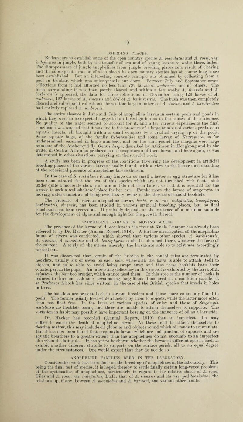 BEEEDTNG PLACES. Endeavours to establish some of the open country species A. niaculatus and A. rossi, var. inchfinitns in jungle, both by the transfer of ova and of young larvae to water there, failed. The disappeai’ance of jungle anophelines from jungle breeding places as a result of clearing and the subserjuent invasion of such places by open country species has of course long since been established. But an intei’esting concrete example was obtained by collecting from a pool in belukar, which was subseq;ieutly cut dowm. Between July and September seven collections from it had afforded no less than 793 larvae of uvihrosus, and no others. The bush surrounding it was then partly cleared and within a few weeks A. sinensis and A. harhirostris a{)peared, the data for three collections in November being 126 larvae of A. umhrosus, 127 larvae of A. sinensis and 367 of A. harhirostris. The bush was then completely cleared and subsecjuent collections showed that large numbers of A. sinensis and A. harhirostris had entirely replaced A. unihrosns. The entire absence in June and July of anopheline larvae in certain pools and ponds in which they were to be expected suggested an investigation as to the causes of their absence. No quality of the water seemed to account for it, and after various experiments the final conclusion was reached that it was due to the presence of a large number of various predaceous aquatic insects, all brought within a small compass by a gradual drying up of the pools. Some aquatic bugs, of the family Belostomidae and some larvae of Neiiroptera, so far undetermined, occurred in large numbers, and on the mud round the margins were large numbers of the Anthomyid fly, Glenus Lispa, described by Atkinson in Hongkong and by the writer in Central Africa as predaceous on mosquitoes and their larvae, and here again, as was determined in other situations, carrying on their useful work. A study has been in progress of the conditions favouring the development in artificial breeding places of the various larvae usually found, with a view to the better understanding of the occasional presence of anopheline larvae therein. In the case of S. seutellaris it may hinge on so small a factor as egg structure for it has been demonstrated that the ova of this species which are not furnished with floats, sink under quite a moderate shower of rain and do not then hatch, so that it is essential for the female to seek a well-sheltered place for her ova. Furthermore the larvae of stegomyia in moving water cannot avoid being swept away owing to tlie absence of caudal booklets. The presence of various anopheline larvae, Jcochi, rossi, var. indefinitus, leucophyrus, harhirostris, sinensis, has been studied in various artificial breeding places, but no final conclusion has been arrived at. It probably depends on the existence of a medium suitable for the development of algae and enough light for the growth thereof. ANOPHELINE LARVAE IN MOVING WATER. The presence of the larvae of A. aconitus in the river at Kuala Lumpur has already been referred to by Dr. Hacker (Annual Eeport, 1918). A further investigation of the anopheline fauna of rivers v?as conducted, which showed that various other species, A. harhirostris, A. sinensis, A. maculatns and A. lencopJiyrxis could be obtained there, whatever the force of the current. A study of the means whereby the larvae are able so to exist was accordingly carried out. It was discovered that certain of the bristles in the caudal tufts ai’e terminated by booklets, usually six or seven on eacli side, wherewith the larva is able to attach itself to objects, and is so able to avoid being swept away and that these hooklets have their counterpart in the pupa. An interesting deficiency in this respect is exhibited by the larva of A. asiaticus, the bamboo breeder, which cannot need them. In this species the number of hooks is reduced to thi-ee on each side, terminating long filamentous bristles, a condition paralleled, as Professor Alcock has since written, in the case of the British species that bi’eeds in holes in trees. The hooklets are present both in stream breeders and those more commonly found in pools. The former usually feed while attached by them to objects, while the latter more often than not float fi-ee. In the larva of various species of culex and those of Stegomyia seutellaris no hooklets occur, and these are unable to attach themselves to supports. The variation in habit may possibly have important bearing on the influence of oil as a larvacide. Dr. Hacker has recorded (Annual Eepoi't, 1919) that an imperfect film may suffice to cause t'le death of anopheline larvae. As these tend to attach themselves to floating matter, this may include oil globules and objects round which oil tends to accumulate. But it has now been found that stegomyia larvae which are independent of supports and are aquatic breathers to a greater extent than the anophelines do not succumb to an imperfect film when the latter do. It has yet to be shown whether the larvae of different species such as exhibit a rather different attitude to supports on the surface perish, all to an equal degree under the circumstances. One would expect that they do not do so. ANOPHELINE FAMILIES BRED IN THE LABORATORY. Considerable work has been done on the breeding of anophelines in the laboratory. This being the final test of species, it is hoped thereby to settle finally certain long-vexed problems of the systeinatics of anophelines, particularly in regard to the relative status of A. rossi, Giles and A. rossi, var. indefinitus, Ludl.: that of A. sinensis and its var, peditaeniahis: the relationship, if any, between A. macxdatus and A. karwari, and various other points.