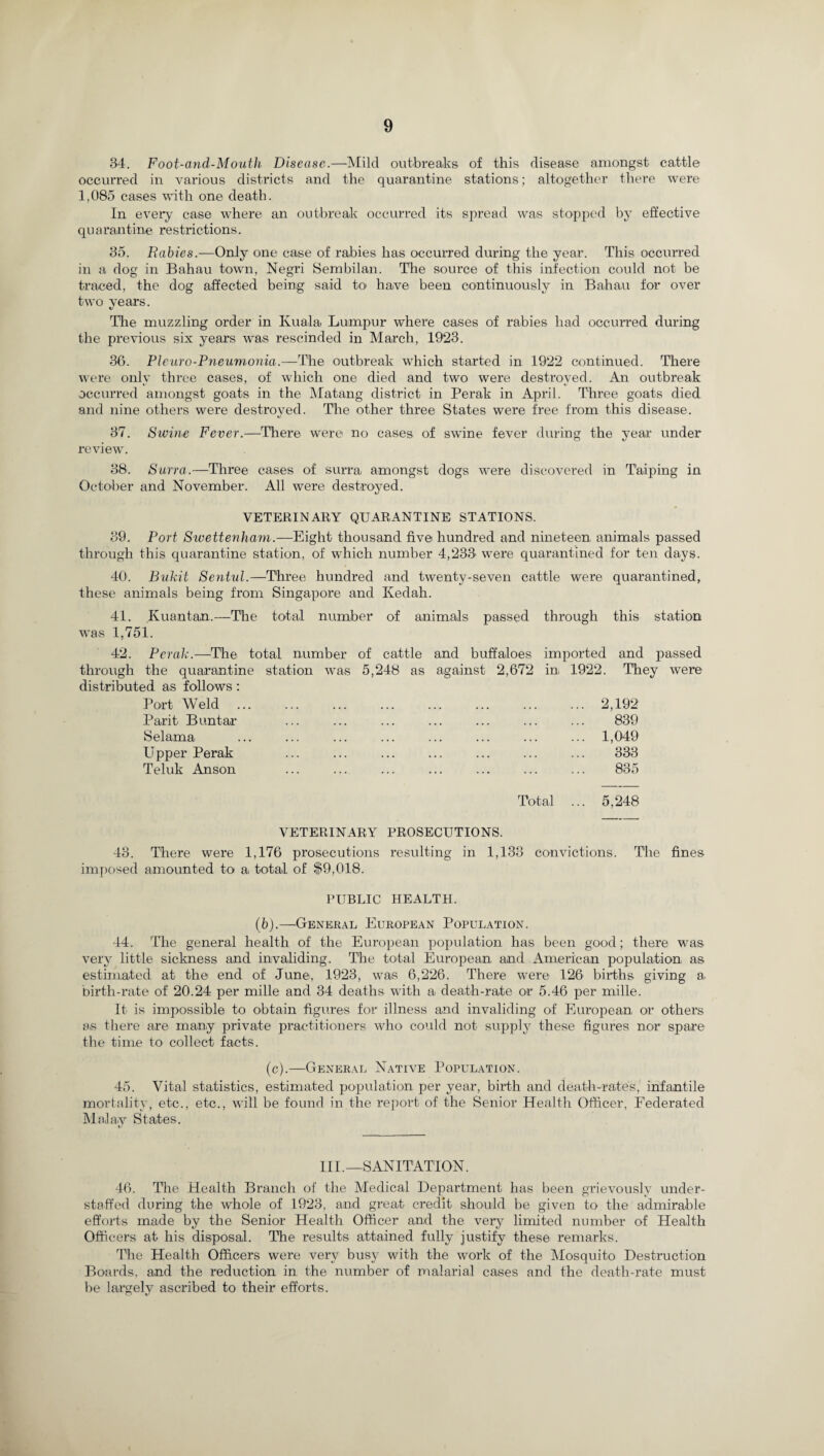 84. Foot-and-Mouth Disease.—Mild outbreaks of this disease amongst cattle occurred in various districts and the quarantine stations; altogether there were 1,085 cases with one death. In every case where an outbreak occurred its spread was stopped by effective quarantine restrictions. 85. Babies.—Only one case of rabies has occurred during the year. This occurred in a dog in Bahau town, Negri Sembilan. The source of this infection could not be traced, the dog affected being said to' have been continuously in Bahau for over two years. The muzzling order in Kuala Lumpur where cases of rabies had occurred during the previous six years was rescinded in March, 1923. 36. PI euro-Pneumonia.—The outbreak which started in 1922 continued. There were onlv three cases, of which one died and two were destroyed. An outbreak occurred amongst goats in the Matang district in Perak in April. Three goats died and nine others were destroved. The other three States were free from this disease. «/ 37. Swine Fever.—There were no cases of swine fever during the year under review. 88. Surra.—Three cases of surra amongst dogs were discovered in Taiping in October and November. All were destroyed. VETERINARY QUARANTINE STATIONS. 89. Port Swettenham.—Eight thousand five hundred and nineteen animals passed through this quarantine station, of which number 4,233 were quarantined for ten days. 40. Bukit Sentul.—Three hundred and twenty-seven cattle were quarantined, these animals being from Singapore and Kedah. 41. Kuantan.—1The total number of animals passed through this station was 1,751. 42. Perak.—The total number of cattle and buffaloes imported and passed through the quarantine station was 5,248 as against 2,672 in 1922. They were distributed as follows: Port Weld ... 2,192 Parit B untar ... ••• ••• ••• ••• 839 Selama ... ... » • • , , , ••• ••• ... 1,049 Upper Perak 333 Teluk Anson 835 Total VETERINARY PROSECUTIONS. ... 5,248 43. There were 1,176 prosecutions resulting in 1,138 convictions. The fines imposed amounted to a total of $9,018. PUBLIC HEALTH. (b).—General European Population. 44. The general health of the European population has been good; there was very little sickness and invaliding. The total European and American population as estimated at the end of June, 1923, was 6,226. There were 126 births giving a birth-rate of 20.24 per mille and 34 deaths with a death-rate or 5.46 per mille. It is impossible to obtain figures for illness and invaliding of European or others as there are many private practitioners who could not supply these figures nor spare the time to collect facts. (c).—General Native Population. 45. Vital statistics, estimated population per year, birth and death-rates, infantile mortality, etc., etc., will be found in the report of the Senior Health Officer, Federated Malay States. III.—SANITATION. 46. The Health Branch of the Medical Department has been grievously under¬ staffed during the whole of 1923, and great credit should be given to the admirable efforts made by the Senior Health Officer and the very limited number of Health Officers at his disposal. The results attained fully justify these remarks. The Health Officers were very busy with the work of the Mosquito Destruction Boards, and the reduction in the number of malarial cases and the death-rate must be largely ascribed to their efforts.