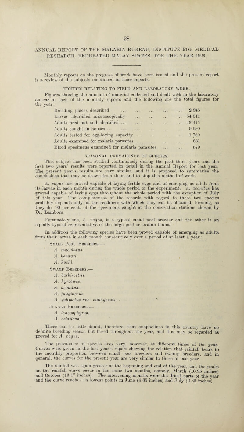 ANNUAL REPORT OF THE MALARIA BUREAU, INSTITUTE FOR MEDICAL RESEARCH, FEDERATED MALAY STATES, FOR THE YEAR 1923. Monthly reports on the progress of work have been issued and tlie present report is a review of the subjects mentioned in those reports. FIGURES RELATING TO FIELD AND LABORATORY WORK. Figures showing the amount of material collected and dealt with in the laboratory appear in each of the monthly reports and the following are the total figures for the year: Breeding places described ... 2,946 Larvae identified microscopically ... 54,011 Adults bred out and identified ... ... 13,415 Adults caught in houses ... ... 9,030 Adults tested for egg-laying capacity ... 1,760 Adults examined for malaria parasites ... 681 Blood specimens examined for malaria parasites 679 SEASONAL PREVALENCE OF SPECIES. This subject has been studied continuously during the past three years and the first two years’ results were reported in detail in the Annual Report for last year, 'lhe present year’s results are very similar, and it is proposed to summarise the -conclusions that may be drawn from them and to stop this method of work. A. vagus has proved capable of laying fertile eggs and of emerging as adult from its larvae in each month during the whole period of the experiment. A. aconitus has proved capable of laying eggs throughout the whole period with the exception of July of this year. The completeness of the records with regard to these two species probably depends only on the readiness with which they can be obtained, forming, as they do, 90 per cent, of the specimens caught at the observation stations chosen by Dr. Lamborn. Fortunately one, A. vagus, is a typical small pool breeder and the other is an equally typical representative of the large pool or swamp fauna. Ini addition the following species have been proved capable of emerging as adults from their larvae in each month consecutively over a period of at least a year: Small Pool Breeders.— A. maculatus. A. karwari. A. kochi. Swamp Breeders.— A. barbirostris. A. hyrcanus. A. aconitus. A. fuliginosus. A. subpictus var. malayensis. ■ Jungle Breeders.— A. leucosphyrus. A. asiaticus. There can be little doubt, therefore, that anophelines in this country have no definite breeding season but breed throughout the year, and this may be regarded as proved for A. vagus. The prevalence of species does vary, however, at different times of the year. Curves were given in the last year’s report showing the relation that rainfall bears to the monthly proportion between small pool breeders and swamp breeders, and in general, the curves for the present year are very similar to those of last year. The rainfall was again greater at the beginning and end of the year, and the peaks on the rainfall curve occur in the same two months, namely, March (10.95 inches) and October (13.17 inches). The intervening months were the driest parts of the year and the curve reaches its lowest points in June (4.85 inches) and July (2.33 inches).