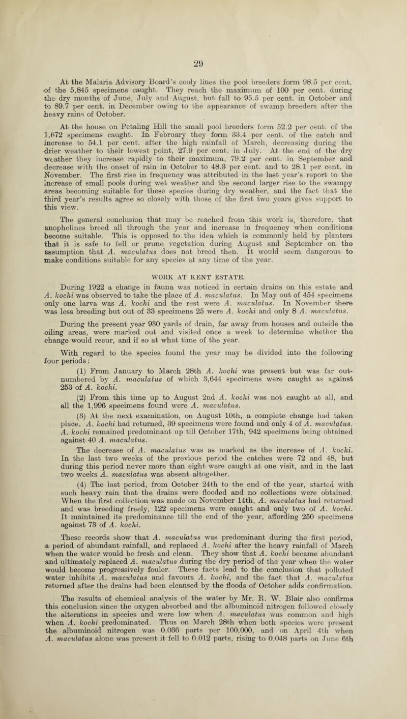 At the Malaria Advisory Board’s cooly lines the pool breeders form 98.5 per cent, of the 5,845 specimens caught. They reach the maximum of 100 per cent, during •the dry months of June, July and August, but fall to 95.5 per cent, in October and to 89.7 per cent, in December owing to the appearance of swamp breeders after the heavy rains of October. At the house on Petaling Hill the small pool breeders form 52.2 per cent, of the 1,672 specimens caught. In February they form 33.4 per cent, of the catch and increase to 54.1 per cent, after the high rainfall of March, decreasing during the drier weather to their lowest point, 27.9 per cent, in July. At the end of the dry weather they increase rapidly to their maximum, 79.2 per cent, in September and decrease with the onset of rain in October to 48.3 per cent, and to 28.1 per cent, in November. The first rise in frequency was attributed in the last year’s report to the increase of small pools during wet weather and the second larger rise to* the swampy areas becoming suitable for these species during dry weather, and the fact that the third year’s results agree so closely with those of the first two years gives support to this view. The general conclusion that may be reached from this work is, therefore, that anophelines breed all through the year and increase in frequency when conditions become suitable. This is opposed to the idea, which is commonly held by planters that it is safe to fell or prune vegetation during August and September on the assumption that A. maculatus does not breed then. It would seem dangerous to make conditions suitable for any species at any time of the year. WORK AT KENT ESTATE. During 1922 a change in fauna was noticed in certain drains on this estate and A. kochi was observed to take the place of A. maculatus. In May out of 454 specimens only one larva was A. kochi and the rest were A. maculatus. In November there was less breeding but out of 33 specimens 25 were A. kochi and only 8 A. maculatus. During the present year 930 yards of drain, far away from houses and outside the oiling areas, were marked out and visited once a week to determine whether the change would recur, and if so at what time of the year. With regard to the species found the year may be divided into the following four periods: (1) From January to March 28th A. kochi was present but was far out¬ numbered by A. maculatus of which 3,644 specimens were caught as against 253 of A. kochi. (2) From this time up to August 2nd A. kochi was not caught at all, and all the 1,996 specimens found were A. maculatus. (3) At the next examination, on August 10th, a complete change had taken place. A. kochi had returned, 39 specimens were found and only 4 of A. maculatus. A. kochi remained predominant up till October 17th, 942 specimens being obtained against 401 A. maculatus. The decrease of A. maculatus was as marked as the increase of A. kochi. In the last two weeks of the previous period the catches were 72 and 48, but during this period never more than eight were caught at one visit, and in the last two weeks A. maculatus was absent altogether. (4) The last period, from October 24th to the end of the year, started with such heavy rain that the drains were flooded and no collections were obtained. When the first collection was made on November 14th, A. maculatus had returned and was breeding freely, 122 specimens were caught and only two of A. kochi. It maintained its predominance till the end of the year, affording 250 specimens against 73 of A. kochi. These records show that A. maculjatus was predominant during the first period, a. period of abundant rainfall, and replaced A. kochi after the heavy rainfall of March when the water would be fresh and clean. They show that A. kochi became abundant and ultimately replaced A. maculatus during the dry period of the year when the water would become progressively fouler. These facts lead to the conclusion that polluted water inhibits A. maculatus and favours A. kochi, and the fact that A. maculatus returned after the drains had been cleansed by the floods of October adds confirmation. The results of chemical analysis of the water by Mr. R. W. Blair also confirms this conclusion since the oxygen absorbed and the albuminoid nitrogen followed closely the alterations in species and were low when A. maculatus was common and high when A. kochi predominated. Thus on March 28th when both species were present the albuminoid nitrogen was 0.036 parts per 100,000, and on April 4th when A. maculatus alone was present it fell to 0.012 parts, rising to 0.048 parts on June 6th