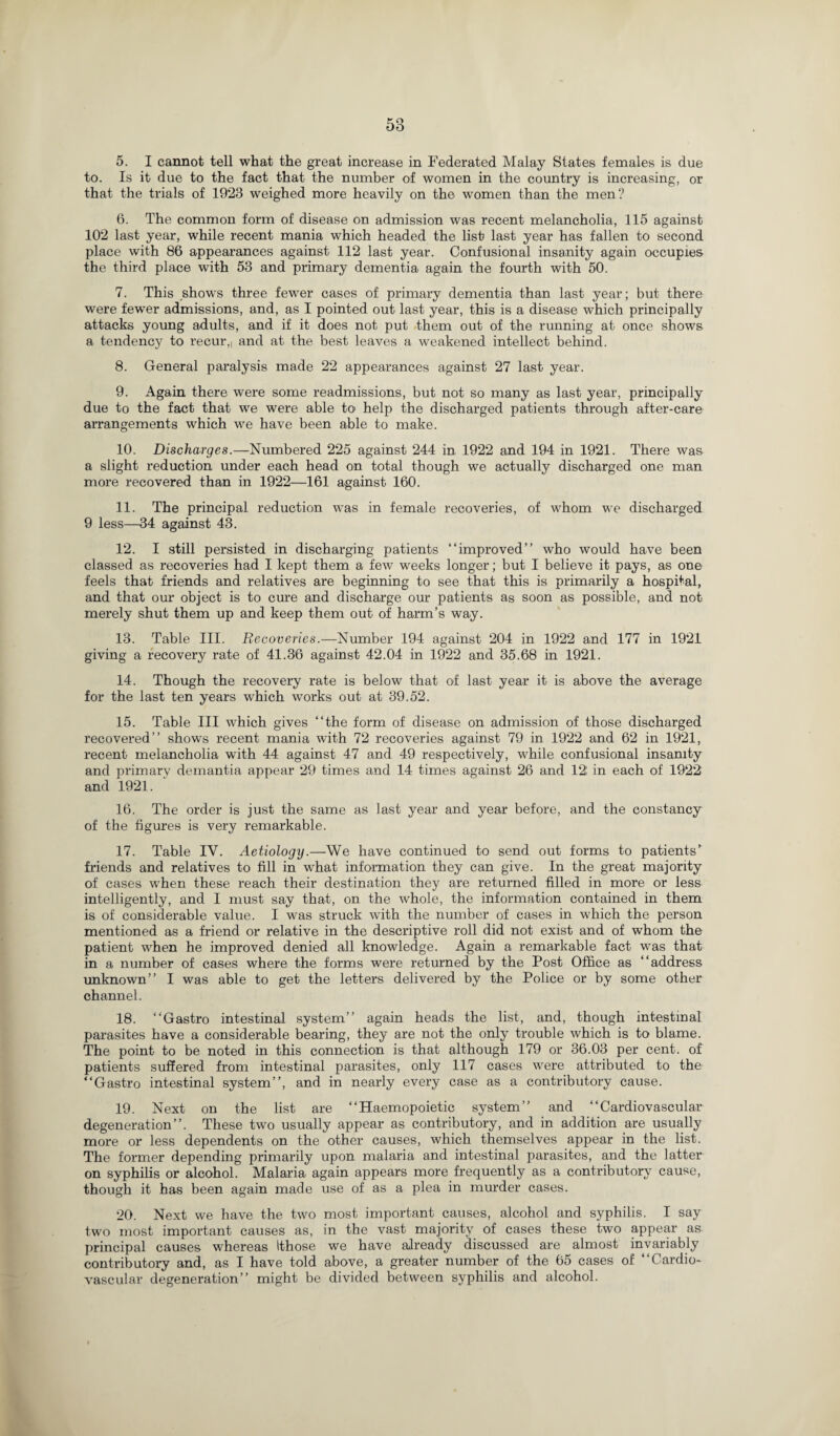 5. I cannot tell what the great increase in Federated Malay States females is due to. Is it due to the fact that the number of women in the country is increasing, or that the trials of 1923 weighed more heavily on the women than the men? 6. The common form of disease on admission was recent melancholia, 115 against 102 last year, while recent mania which headed the list last year has fallen to second place with 86 appearances against 112 last year. Confusional insanity again occupies the third place with 53 and primary dementia again the fourth with 50. 7. This shows three fewer cases of primary dementia than last year; but there were fewer admissions, and, as I pointed out last year, this is a disease which principally attacks young adults, and if it does not put them out of the running at once shows a tendency to recur,, and at the best leaves a weakened intellect behind. 8. General paralysis made 22 appearances against 27 last year. 9. Again there were some readmissions, but not so many as last year, principally due to the fact that we were able to help the discharged patients through after-care arrangements which we have been able to make. 10. Discharges.—Numbered 225 against 244 in 1922 and 194 in 1921. There was a slight reduction under each head on total though we actually discharged one man more recovered than in 1922—161 against 160. 11. The principal reduction was in female recoveries, of whom we discharged 9 less—34 against 43. 12. I still persisted in discharging patients “improved” who would have been classed as recoveries had I kept them a few weeks longer; but I believe it pays, as one feels that friends and relatives are beginning to see that this is primarily a hospital, and that our object is to cure and discharge our patients as soon as possible, and not merely shut them up and keep them out of harm’s way. 13. Table III. Recoveries.—Number 194 against 204 in 1922 and 177 in 1921 giving a recovery rate of 41.36 against 42.04 in 1922 and 35.68 in 1921. 14. Though the recovery rate is below that of last year it is above the average for the last ten years which works out at 39.52. 15. Table III which gives “the form of disease on admission of those discharged recovered” shows recent mania with 72 recoveries against 79 in 1922 and 62 in 1921, recent melancholia with 44 against 47 and 49 respectively, while confusional insanity and primary demantia appear 29 times and 14 times against 26 and 12: in each of 1922 and 1921. 16. The order is just the same as last year and year before, and the constancy of the figures is very remarkable. 17. Table IV. Aetiology).—We have continued to send out forms to patients' friends and relatives to fill in what information they can give. In the great majority of cases when these reach their destination they are returned filled in more or less intelligently, and I must say that, on the whole, the information contained in them is of considerable value. I was struck with the number of cases in which the person mentioned as a friend or relative in the descriptive roll did not exist and of whom the patient when he improved denied all knowledge. Again a remarkable fact was that in a number of cases where the forms were returned by the Post Office as “address unknown” I was able to get the letters delivered by the Police or by some other channel. 18. “Gastro intestinal system” again heads the list, and, though intestinal parasites have a considerable bearing, they are not the only trouble which is to blame. The point to be noted in this connection is that although 179 or 36.03 per cent, of patients suffered from intestinal parasites, only 117 cases were attributed to the “Gastro intestinal system”, and in nearly every case as a contributory cause. 19. Next on the list are “Haemopoietic system” and “Cardiovascular degeneration”. These two usually appear as contributory, and in addition are usually more or less dependents on the other causes, which themselves appear in the list. The former depending primarily upon malaria and intestinal parasites, and the latter on syphilis or alcohol. Malaria again appears more frequently as a contributory cause, though it has been again made use of as a plea in murder cases. 20. Next we have the two most important causes, alcohol and syphilis. I say two most important causes as, in the vast majority of cases these two appear as principal causes whereas Ithose we have already discussed are almost invariably contributory and, as I have told above, a greater number of the 65 cases of “Cardio¬ vascular degeneration” might be divided between syphilis and alcohol.