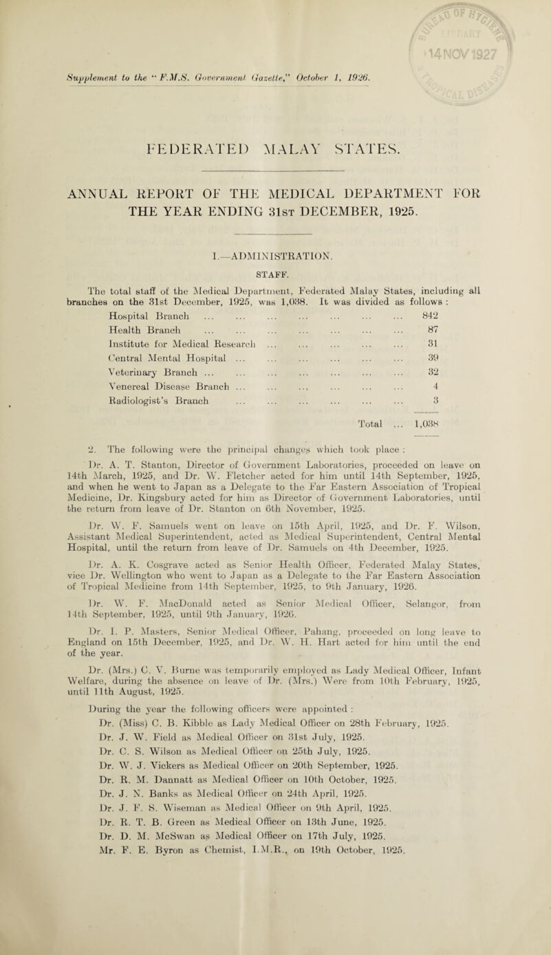 F E D E R A T E I) M A L A V ST AT E S. ANNUAL REPORT OF THE MEDICAL DEPARTMENT FOR THE YEAR ENDING 31st DECEMBER, 1925. I.—ADMINISTRATION. STAFF. The total staff of the Medical Department, Federated Malay States, including all branches on the 31st December, 1925, was 1,038. It was divided as follows : Hospital Branch ... ... ... ... ... ... ... 842 Health Branch ... ... ... ... ... ... ... 87 Institute for Medical Research ... ... ... ... ... 31 Central Mental Hospital ... ... ... ... ... ... 39 Veterinary Branch ... ... ... ... ... ... ... 32 Venereal Disease Branch ... ... .., ... ... ... 4 Radiologist’s Branch ... ... ... ... ... ... 3 Total 1,038 2. The following were the principal changes which took place : Dr. A. T. Stanton, Director of Government Laboratories, proceeded on leave on 14th March, 1925, and Dr. W. Fletcher acted for him until 14th September, 1925, and when he went to Japan as a Delegate to the Far Eastern Association of Tropical Medicine, Dr. Kingsbury acted for him as Director of Government Laboratories, until the return from leave of Dr. Stanton on 6th November, 1925. Dr. W. F. Samuels went on leave on 15th April, 1925, and Dr. F. Wilson, Assistant Medical Superintendent, acted as Medical Superintendent, Central Mental Hospital, until the return from leave of Dr. Samuels on 4th December, 1925. Dr. A. K. Cosgrave acted as Senior Health Officer, Federated Malay States, vice Dr. Wellington who went to Japan as a Delegate to the Far Eastern Association of Tropical Medicine from 14th September, 1925, to 9th January, 1926. Dr. W. F. MacDonald acted as Senior Medical Officer, Selangor, from 14th September, 1925, until 9th January, 1926. Dr. I. P. Masters, Senior Medical Officer, Pahang, proceeded on long leave to England on 15th December, 1925, and Dr. W. H. Hart acted for him until the end of the year. Dr. (Mrs.) C. V. Burne was temporarily employed as Lady Medical Officer, Infant Welfare, during the absence on leave of Dr. (Mrs.) Were from 10th February, 1925, until 11th August, 1925. During the year the following officers were appointed : Dr. (Miss) C. B. Kibble as Lady Medical Officer on 28th February, 1925. Dr. J. W. Field as Medical Officer on 31st July, 1925. Dr. C. S. Wilson as Medical Officer on 25th July, 1925. Dr. W. J. Vickers as Medical Officer on 20th September, 1925. Dr. R. M. Dannatt as Medical Officer on 10th October, 1925. Dr. J. N. Banks as Medical Officer on 24th April, 1925. Dr. J. F. S. Wiseman as Medical Officer on 9th April, 1925. Dr. R. T. B. Green as Medical Officer on 13th June, 1925. Dr. D. M. McSwan as Medical Officer on 17th July, 1925. Mr. F. E. Byron as Chemist, I.M.R., on 19th October, 1925.