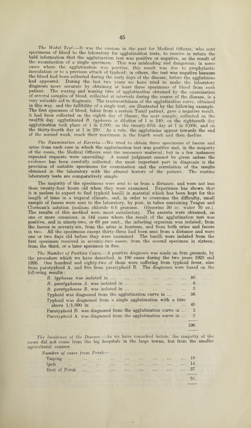 The Widal Test.—It was the custom in the past for Medical Officers, who sent specimens of blood to the laboratory for agglutination tests, to receive in return the bald information that the agglutination test was positive or negative, as the result of the examination of a single specimen. This was misleading and dangerous; in some cases where the agglutination was positive, this result was due to prophylactic inoculation or to a previous attack of typhoid; in others, the test was negative because the blood had been collected during the early days of the disease, before the agglutinins had appeared. During the last two years we have tried to make the laboratory diagnosis more accurate by obtaining at least three specimens of blood from each patient. The waxing and waning tit-re of agglutination obtained by the examination of several samples of blood, collected at intervals during the course of the disease, is a very valuable aid to diagnosis. The trustworthiness of the agglutination curve, obtained in this way, and the fallibility of a single test, are illustrated by the following example. The first specimen of blood, taken from a certain Tamil patient, gave a negative result, it had been collected on the eighth day of illness; the next sample, collected on the twelfth day, agglutinated B. typhosus in dilution of 1 in 240; on the eighteenth day agglutination took place at 1 in 2,000; on the twenty-fifth day at 1 in 3,000, and on the thirty-fourth day at 1 in 250. As a rule, the agglutinins appear towards the end of the second week, reach their maximum in the fourth week and then decline. The Examination of Excreta .—We tried to obtain three specimens of faeces and urine from each case in which the agglutination test was positive and, in the majority of the cases, the Medical Officers sent the necessary material; but in a few instances repeated requests were unavailing. A sound judgment cannot be given unless the evidence has been carefully collected; the most important part in diagnosis is the provision of suitable specimens for examination and the correlation of the results obtained in the laboratory with the clinical history of the patient. The routine laboratory tests are comparatively simple. The majority of the specimens were sent to us from a distance, and were not less than twenty-four hours old when they were examined. Experience has shown that it is useless to expect to find typhoid bacilli in material which has been kept for this length of time in a tropical climate, and, in order to overcome the difficulty, small sample of faeces were sent to the laboratory, by post, in tubes containing Teague and Clurman’s solution (sodium chloride 0.6 gramme. Glycerine 30 cc. water 70 cc.). The results of this method were most satisfactory. The excreta were obtained, on one or more occasions, in 144 cases where the result of the agglutination test was positive, and in ninety-two, or 63 per cent., the infecting organism was isolated; from the faeces in seventy-six, from the urine in fourteen, and from both urine and faeces in two. All the specimens except thirty-three had been sent from a distance and were one or two days old before they were examined. The bacilli were isolated from the first specimen received in seventy-two cases; from the second specimen in sixteen; from the third, or a later specimen in five. The Number of Positive Cases.—A positive diagnosis was made on firm grounds, by the procedure which we have described, in 196 cases during the two years 1925 and 1926. One hundred and eighty-two of them were suffering from typhoid fever, nine from paratyphoid A. and five from paratyphoid B. The diagnoses were based on the following results: B. typhosus was isolated in ... ... ... ... ... ... 83 B. paratyphosus A. was isolated in ... ... ... ... ... 6 B. paratyphosus B. was isolated in ... ... ... ... ... 3 Typhoid was diagnosed from the agglutination curve in. 56 Typhoid was diagnosed from a single agglutination with a titre above 1/1,000 in ... ... ... ••• ... ... ••• 43 Paratyphoid B. was diagnosed from the agglutination curve in ... 2 Paratyphoid A. was diagnosed from the agglutination curve in ... 3 196 The Incidence of the Disease.—As we have remarked before, the majority of the cases did not come from the big hospitals in the large towns, but from the smaller agricultural centres. Number of cases from Perak— Taiping Ipoh B-est of Perak 19 14 37 70