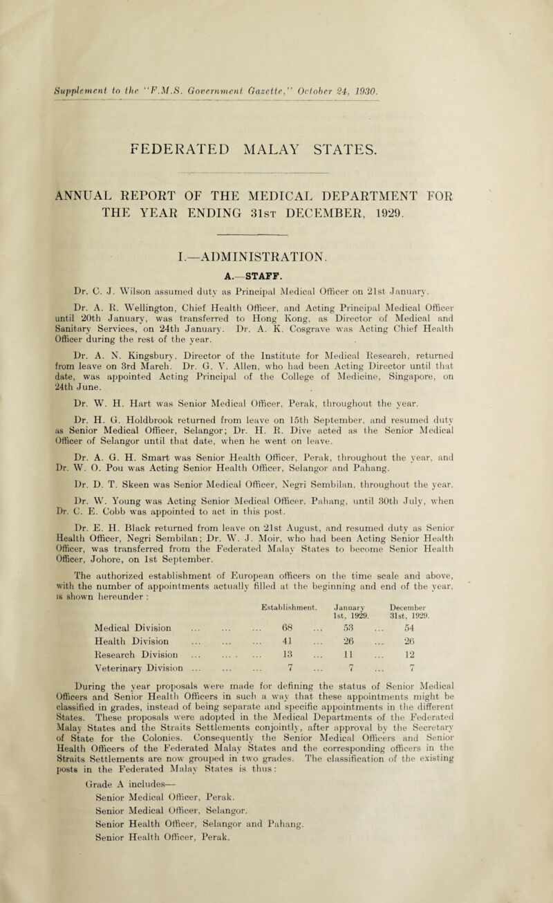 Supplement to the “F.M.S. Government Gazette,” October 24, 1930 FEDERATED MALAY STATES. ANNUAL REPORT OF THE MEDICAL DEPARTMENT FOR THE YEAR ENDING 31st DECEMBER, 1929. I.—ADMINISTRATION. A.—STAFF. Dr. G. J. Wilson assumed duty as Principal Medical Officer on 21st January. Dr. A. R. Wellington, Chief Health Officer, and Acting Principal Medical Officer until 20th January, was transferred to Hong Kong, as Director of Medical and Sanitary Services, on 24th January. Dr. A. K. Cosgrave was Acting Chief Health Officer during the rest of the year. Dr. A. N. Kingsbury, Director of the Institute for Medical Research, returned from leave on 3rd March. Dr. G. V. Allen, who had been Acting Director until that date, was appointed Acting Principal of the College of Medicine, Singapore, on 24th June. Dr. W. H. Hart was Senior Medical Officer, Perak, throughout the year. Dr. H. G. Holdbrook returned from leave on 15th September, and resumed duty as Senior Medical Officer, Selangor; Dr. H. R. Dive acted as the Senior Medical Officer of Selangor until that date, when he went on leave. Dr. A. G. H. Smart was Senior Health Officer, Perak, throughout the year, and Dr. W. O. Pou was Acting Senior Health Officer, Selangor and Pahang. Dr. D. T. Skeen was Senior Medical Officer, Negri Sembilan, throughout the year. Dr. W. Young was Acting Senior Medical Officer, Pahang, until 30th July, when Dr. C. E. Cobb was appointed to act in this post. Dr. E. H. Black returned from leave on 21st August, and resumed duty as Senior Health Officer, Negri Sembilan; Dr. W. J. Moir, who had been Acting Senior Health Officer, was transferred from the Federated Malay States to become Senior Health Officer, Johore, on 1st September. The authorized establishment of European officers on the time scale and above, with the number of appointments actually filled at the beginning and end of the year, is shown hereunder : Establishment. January 1st, 1929. December 31st, 1929. Medical Division 68 53 54 Health Division 41 26 26 Research Division . 13 11 12 Veterinary Division ... 7 7 r? i During the year proposals were made for defining the status of Senior Medical Officers and Senior Health Officers in such a way that these appointments might be classified in grades, instead of being separate and specific appointments in the different States. These proposals were adopted in the Medical Departments of the Federated Malay States and the Straits Settlements conjointly, after approval by the Secretary of State for the Colonies. Consequently the Senior Medical Officers and Senior Health Officers of the Federated Malay States and the corresponding officers in the Straits Settlements are now grouped in two grades. The classification of the existing posts in the Federated Malay States is thus : Grade A includes— Senior Medical Officer, Perak. Senior Medical Officer, Selangor. Senior Health Officer, Selangor and Pahang. Senior Health Officer, Perak.