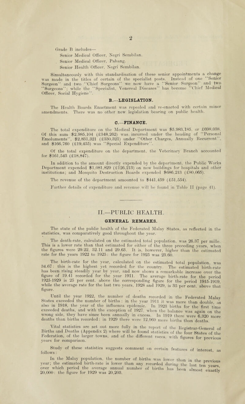 Grade B includes— Senior Medical Officer, Negri Sembilan. Senior Medical Officer, Pahang. Senior Health Officer, Negri Sembilan. Simultaneously with this standardisation of these senior appointments a change was made in the titles of certain of the specialist posts. Instead of one “Senior Surgeon’’ and two “Chief Surgeons’’ we now have a “Senior Surgeon” and two “Surgeons’’; while the “Specialist, Venereal Diseases’’ has become “Chief Medical Officer, Social Hygiene’’. B.—LEGISLATION. The Health Boards Enactment was repealed and re-enacted with certain minor amendments. There was no other new legislation bearing on public health. C.—FINANCE. The total expenditure on the Medical Department was $5,983,185, or £698,038. Of this sum $2,985,104 (£348,262) was incurred under the heading of “Personal Emoluments’’, $2,831,321 (£330,321) under “Other Charges, Annually Recurrent”, and $166,760 (£19,455) was “Special Expenditure”. Of the total expenditure on the department, the Veterinary Branch accounted for $161,543 (£18,847). In addition to the amount directly expended by the department, the Public Works Department expended $1,081,829 (£126,213) on new buildings for hospitals and other institutions; and Mosquito Destruction Boards expended $686,213 (£80,065). The revenue of the department amounted to $441,459 (£51,554). Further details of expenditure and revenue will be found in Table IT (page 41). II.—PUBLIC HEALTH. GENERAL REMARKS. The state of the public health of the Federated Malay States, as reflected in the statistics, was comparatively good throughout the year. The death-rate, calculated on the estimated total population, was 26.37 per mille. This is a lower rate than that estimated for either of the three preceding years, when the figures were 29.22, 32.11 and 29.63. It is, however, higher than the estimated rate for the years 1922 to 1925: the figure for 1925 was 23.60. The birth-rate for the year, calculated on the estimated total population, was 34.67: this is the highest yet recorded for the country. The estimated birth-rate has been rising steadily year by year, and now shows a remarkable increase over the figure of 19.41 recorded for the year 1911. The average birth-rate for the period 1925-1929 is 25 per cent, above the corresponding figure for the period 1915-1919, while the average rate for the last two years, 1928 and 1929, is 35 per cent, above that figure. Until the year 1922, the number of deaths recorded in the Federated Malav States exceeded the number of births : in the year 1911 it was more than double as also in 1918, the year of the influenza epidemic. In 1923 births for the first time exceeded deaths, and with the exception of 1927. when the balance was again on the wrong side, they have since been annually in excess. In 1919 there were 6,320 more deaths than births recorded: in 1929 there were 12,969 more births than deaths Vital statistics are set out more fully in the report of the Registrar-General of Births and Deaths (Appendix 2) where will be found statistics of the four States of the Federation, of the larger towns, and of the different races, with figures for previous years for comparison. F these statistics suggests comment on certain features of interest, as the previous ..... uring the last ten years, average annual number ot births has been almost exactly Study of follows: In the Malay population, the number of births was lower than in year; the estimated birth-rate is lower than any recorded d over which period the average annual number of births has been 20,000: the figure for 1929 was 20,203.