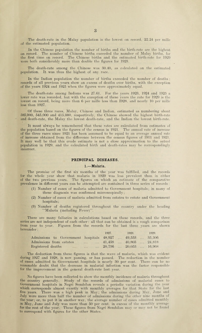 The death-rate in the Malay population is the lowest on record, 22.24 per mille of the estimated population. In the Chinese population the number of births and the birth-rate are the highest on record. The number of Chinese births exceeded the number of Malay births, for the first time on record. The Chinese births and the estimated birth-rate for 1929 were both considerably more than double the figures for 1923. The death-rate among the Chinese was 30.40, as calculated on the estimated population. It was thus the highest of any race. In the Indian population the number of births exceeded the number of deaths : records of all previous years show an excess of deaths over births, with the exception of the years 1924 and 1925 when the figures were approximately equal. The death-rate among Indians was 27.61. For the years 1923, 1924 and 1925 a lower rate was recorded, but with the exception of these years the rate for 1929 is the lowest on record, being more than 6 per mille less than 1928, and nearly 10 per mille less than 1927. Of these three races, Malay, Chinese and Indian, estimated as numbering about 585,000, 545,000 and 415,000, respectively, the Chinese showed the highest birth-rate and death-rate, the Malay the lowest death-rate, and the Indian the lowest birth-rate. I It must always be remembered that these rates are calculated from estimates of the population based on the figures of the census in 1921. The annual rate of increase of the three races since 1921 has been assumed to be equal to an average annual rate of increase obtained from the difference between the census figures of 1911 and 1921. It may well be that this crude estimate is not a close approximation to the actual population in 1929, and the calculated birth and death-rates may be correspondingly incorrect. PRINCIPAL DISEASES. 1.—Malaria. The promise of the first six months of the year was fulfilled, and the records for the whole year show that malaria in 1929 was less prevalent than in either of the two previous years. The figures on which an estimate of the comparative prevalence in different years can be attempted are contained in three series of records : (1) Number of cases of malaria admitted to Government hospitals; in many of these diagnosis was confirmed microscopically; (2) Number of cases of malaria admitted from estates to estate and Government hospitals; (3) Number of deaths registered throughout the country under the heading “Malaria (including Fever)’’. There are many fallacies in calculations based on these records, and the three series are not independent of each other: all that can be obtained is a rough comparison from year to year. Figures from the records for the last three years are shown hereunder : 1927. 1928. 1929. Admissions to Government hospitals 48,927 . .. 49,553 ., .. 35,306 Admissions from estates 41,458 .. .. 40,803 .. . 24,818 Registered deaths 20,736 . .. 20,053 .. ,. 16,968 The deduction from these figures is that the wave of malaria, which was evident during 1927 and 1928, is now passing, or has passed. The reduction in the number of cases admitted to Government hospitals is nearly 30 per cent. There can be no reasonable doubt that the decrease in malarial infection was the factor responsible for the improvement in the general death-rate last year. No figures have been collected to show the monthly incidence of malaria throughout the country generally. Study of the records of admissions of malarial cases to Government hospitals in Negri Sembilan reveals a periodic variation during the year which corresponds almost exactly with monthly averages for that State for the last five years. There was a high peak in May; the admissions during May, June and July were more than half the number of admissions during the other nine months of the year; or, to put it in another way, the average number of cases admitted monthly in May, June and July was more than 50 per cent, in excess of the monthly average for the rest of the year. These figures from Negri Sembilan may or may not be found to correspond with figures for the other States.