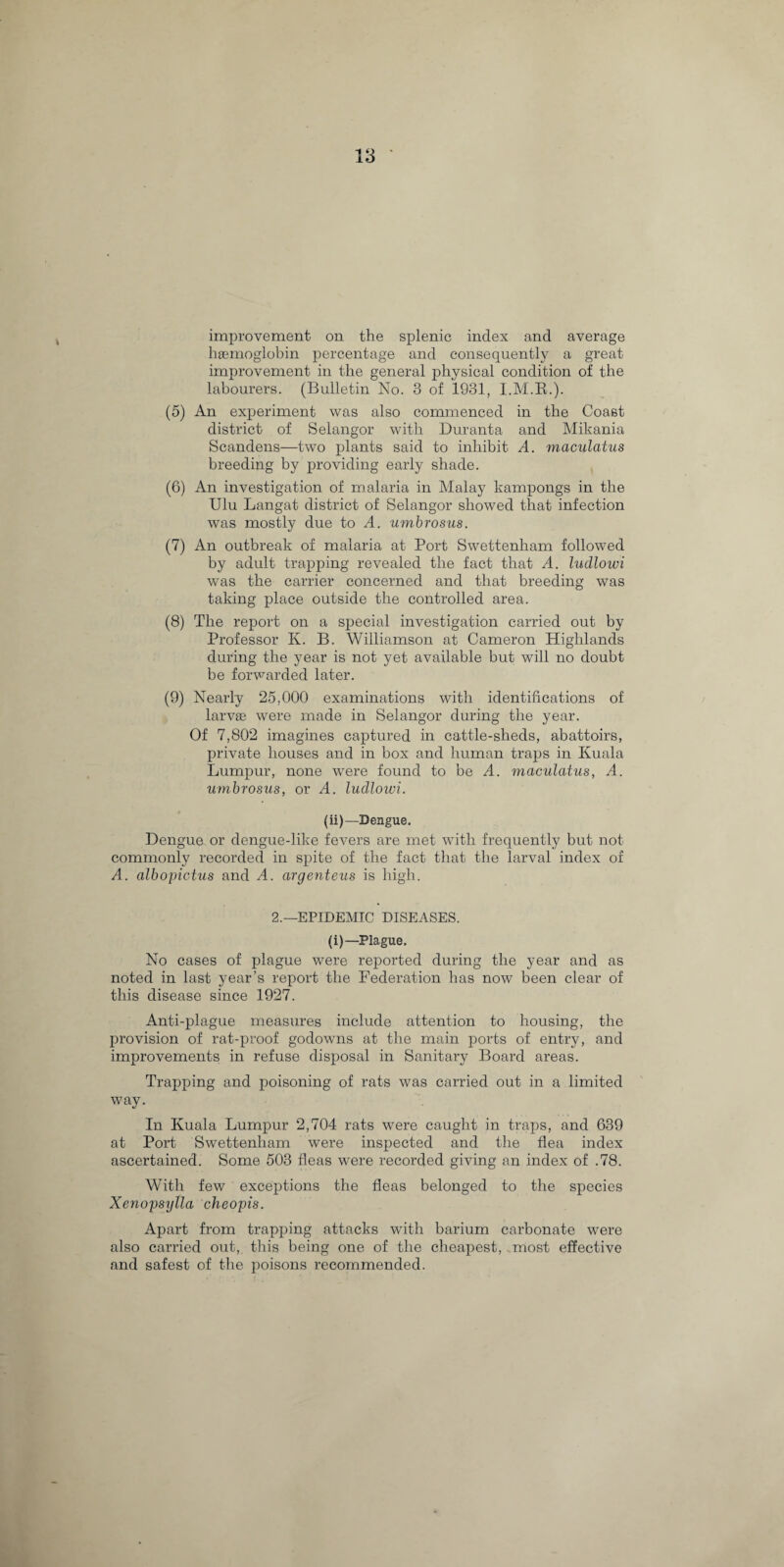 improvement on the splenic index and average haemoglobin percentage and consequently a great improvement in the general physical condition of the labourers. (Bulletin No. 3 of 1931, I.M.R.). (5) An experiment was also commenced in the Coast district of Selangor with Duranta and Mikania Scandens—two plants said to inhibit A. maculatus breeding by providing early shade. (6) An investigation of malaria in Malay kampongs in the Ulu Langat district of Selangor showed that infection was mostly due to A. umbrosus. (7) An outbreak of malaria at Port Swettenham followed by adult trapping revealed the fact that A. ludlowi was the carrier concerned and that breeding was taking place outside the controlled area. (8) The report on a special investigation carried out by Professor K. B. Williamson at Cameron Highlands during the year is not yet available but will no doubt be forwarded later. (9) Nearly 25,000 examinations with identifications of larvae were made in Selangor during the year. Of 7,802 imagines captured in cattle-sheds, abattoirs, private houses and in box and human traps in Kuala Lumpur, none were found to be A. maculatus, A. umbrosus, or A. ludlowi. (ii)—Dengue. Dengue or dengue-like fevers are met with frequently but not commonly recorded in spite of the fact that the larval index of A. albopictus and A. argenteus is high. 2.—EPIDEMIC DISEASES. (i)—Plague. No cases of plague were reported during the year and as noted in last year’s report the Federation has now been clear of this disease since 1927. Anti-plague measures include attention to housing, the provision of rat-proof godowns at the main ports of entry, and improvements in refuse disposal in Sanitary Board areas. Trapping and poisoning of rats was carried out in a limited way. In Kuala Lumpur 2,704 rats were caught in traps, and 639 at Port Swettenham were inspected and the flea index ascertained. Some 503 fleas were recorded giving an index of .78. With few exceptions the fleas belonged to the species Xenopsylla cheopis. Apart from trapping attacks with barium carbonate were also carried out, this being one of the cheapest, most effective and safest of the poisons recommended.