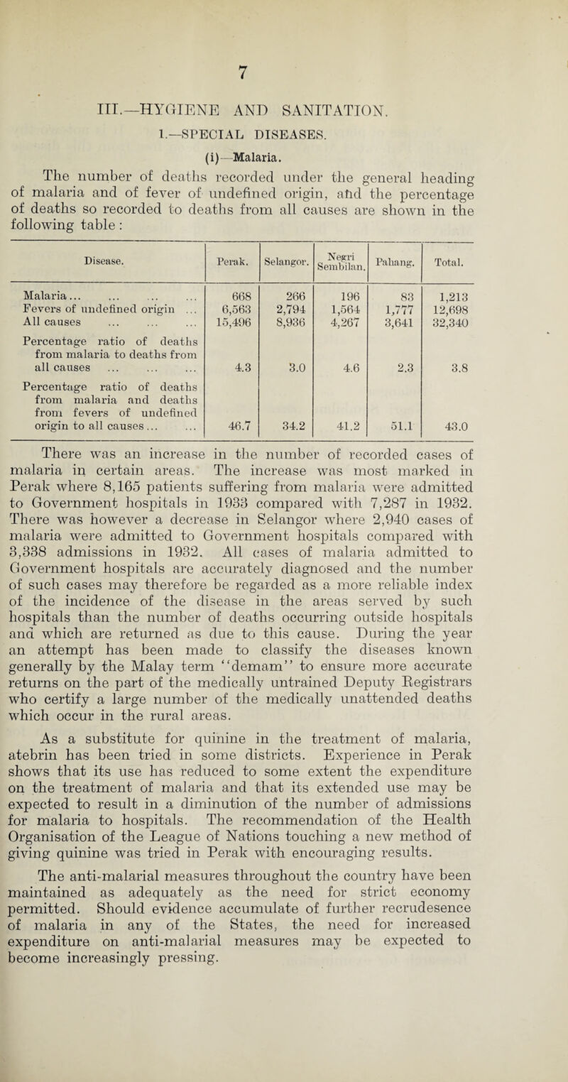 TIT.—HYGIENE AND SANITATION. 1.—SPECIAL DISEASES. (i)— Malaria. The number of deaths recorded under the general heading of malaria and of fever of undefined origin, afid the percentage of deaths so recorded to deaths from all causes are shown in the following table: Disease. Perak. Selangor. Negri Sembilan. Pahang. Total. Malaria... Fevers of undefined origin ... All causes 668 6,563 15,496 266 2,794 8,936 196 1,564 4,267 83 1,777 3,641 1,213 12,698 32,340 Percentage ratio of deaths from malaria to deaths from all causes 4.3 3.0 4.6 2.3 3.8 Percentage ratio of deaths from malaria and deaths from fevers of undefined origin to all causes ... 46.7 34.2 41.2 51.1 43.0 There was an increase in the number of recorded cases of malaria in certain areas. The increase was most marked in Perak where 8,165 patients suffering from malaria were admitted to Government hospitals in 1938 compared with 7,287 in 1932. There was however a decrease in Selangor where 2,940 cases of malaria were admitted to Government hospitals compared with 8,338 admissions in 1932. All cases of malaria admitted to Government hospitals are accurately diagnosed and the number of such cases may therefore be regarded as a more reliable index of the incidence of the disease in the areas served by such hospitals than the number of deaths occurring outside hospitals and which are returned as due to this cause. During the year an attempt has been made to classify the diseases known generally by the Malay term “demam” to ensure more accurate returns on the part of the medically untrained Deputy Registrars who certify a large number of the medically unattended deaths which occur in the rural areas. As a substitute for quinine in the treatment of malaria, atebrin has been tried in some districts. Experience in Perak shows that its use has reduced to some extent the expenditure on the treatment of malaria and that its extended use may be expected to result in a diminution of the number of admissions for malaria to hospitals. The recommendation of the Health Organisation of the League of Nations touching a new method of giving quinine was tried in Perak with encouraging results. The anti-malarial measures throughout the country have been maintained as adequately as the need for strict economy permitted. Should evidence accumulate of further recrudesence of malaria in any of the States, the need for increased expenditure on anti-malarial measures may be expected to become increasingly pressing.