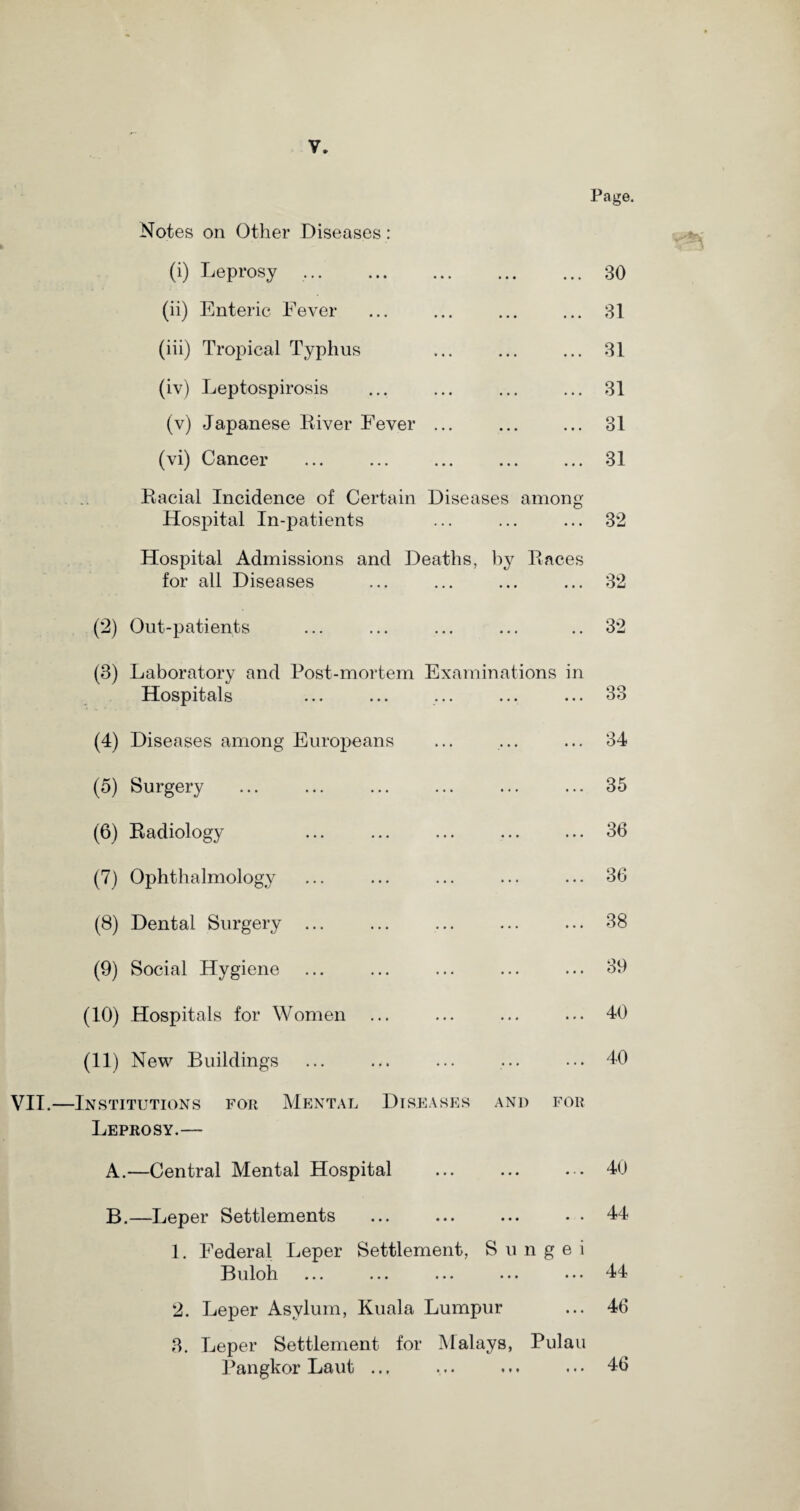 Page. Notes on Other Diseases: (i) Leprosy ... • *• ••• ••• 30 (ii) Enteric Fever • • • ••• ••• 31 (iii) Tropical Typhus it* ••• . « . 31 (iv) Leptospirosis • • • ••• . » . 31 (v) Japanese River Fever ••• » . . ••• 31 (vi) Cancer ••• ••• ••• 31 Racial Incidence of Certain Hospital In-patients Diseases among 32 Hospital Admissions and Deaths, by Races for all Diseases 32 (2) Out-patients ... ... 32 (3) Laboratory and Post-mortem Hospitals Examinations in 33 (4) Diseases among Europeans 34 (5) Surgery ... 35 (6) Radiology ... ... ... 36 (7) Ophthalmology ... 36 (8) Dental Surgery ... ... ... ... 38 (9) Social Hygiene ... 39 (10) Hospitals for Women ... ... ... 40 (11) New Buildings ... ... • • • 40 VII.—Institutions for Mental Diseases and for Leprosy.— A. —Central Mental Hospital .40 B. —Leper Settlements ... ... ... • • 44 1. Federal Leper Settlement, S u n g e i Buloh ... ... ... ••• ... 44 2. Leper Asylum, Kuala Lumpur ... 46 3. Leper Settlement for Malays, Pulau Pangkor Laut ... ... ... ... 46