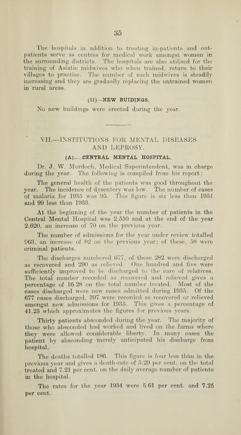 The hospitals in addition to treating in-patients and out¬ patients serve as centres for medical work amongst women in the surrounding districts. The hospitals are also utilised for the training of Asiatic midwives who when trained, return to their villages to practise. The number of such midwives is steadily increasing and they are gradually replacing the untrained women in rural areas. (11)—NEW BUIDINCrS. No new buildings were erected during the year. VII.—INSTITUTIONS FOE MENTAL DISEASES AND LEPROSY. (A)_CENTRAL MENTAL HOSPITAL. Dr. J. W. Murdoch, Medical Superintendent, was in charge during the year. The following is compiled from his report: The general health of the patients was good throughout the year. The incidence of dysentery wras low. The number of cases of malaria for 1935 was 95. This figure is six less than 1934 and 99 less than 1933. At the beginning of the year the number of patients in the Central Mental Hospital was 2,550 and at the end of the year 2,620, an increase of 70 on the previous year. The number of admissions for the year under review totalled 963, an increase of 82 on the previous year; of these, 58 were criminal patients. The discharges numbered 677, of these 282 were discharged as recovered and 290 as relieved. One hundred and five were sufficiently improved to be discharged to the care of relatives. The total number recorded as recovered and relieved gives a percentage of 16.28 on the total number treated. Most of the cases discharged were new cases admitted during 1935. Of the 677 cases discharged, 397 were recorded as recovered or relieved amongst new admissions for 1935. This gives a percentage of 41.23 which approximates the figures for previous years. Thirty patients absconded during the year. The majority of those who absconded had worked and lived on the farms where they were allowed considerable liberty. In many cases the patient by absconding merely anticipated his discharge from hospital. The deaths totalled 186. This figure is four less thhn in the previous year and gives a death-rate of 5.29 per cent, on the total treated and 7.21 per cent, on the daily average number of patients in the hospital. The rates for the year 1934 were 5.61 per cent, and 7.25 per cent.