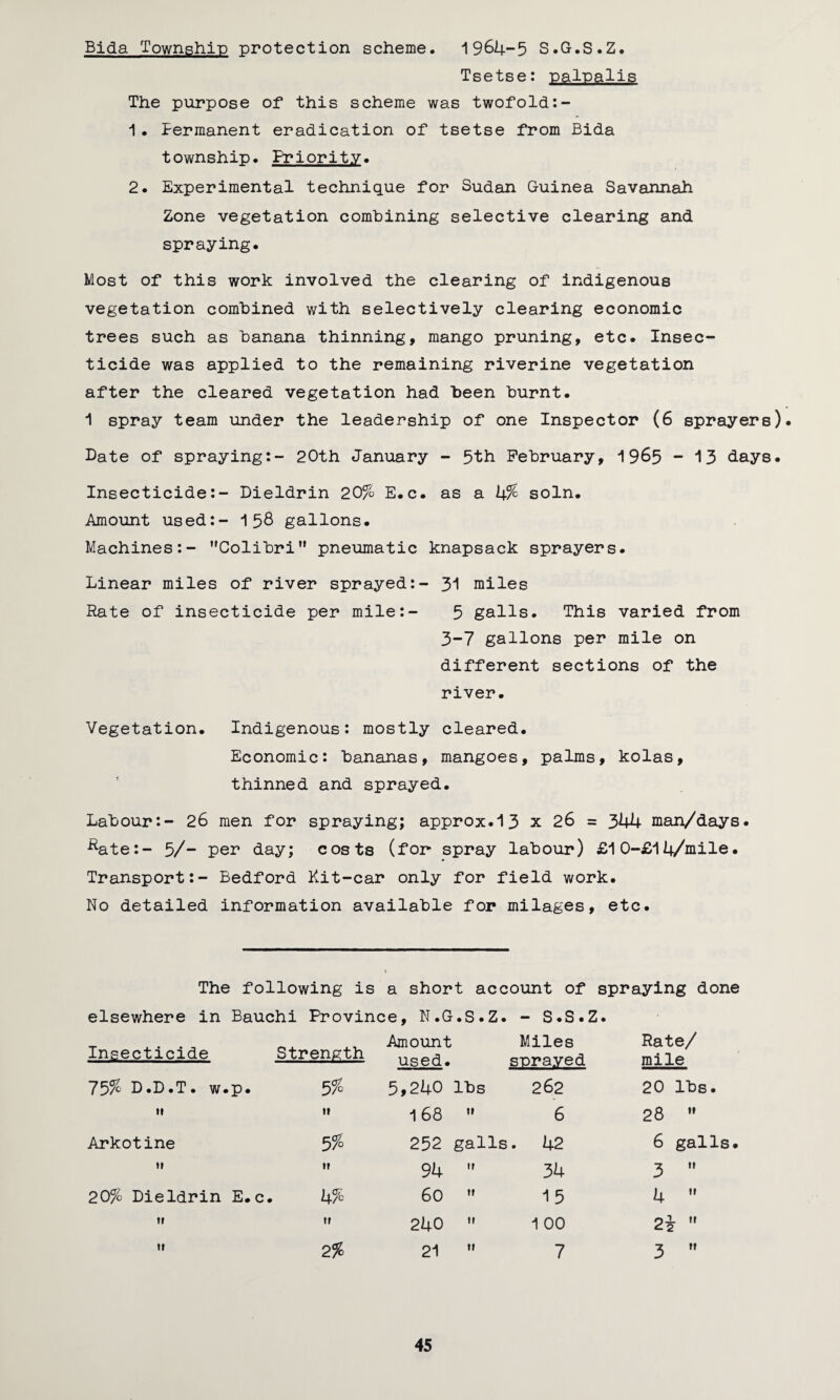 Bida Township protection scheme. 1964-5 S.G.S.Z. Tsetse: palnalis The purpose of this scheme was twofold:- 1. Permanent eradication of tsetse from Bida township. Priority. 2. Experimental technique for Sudan Guinea Savannah Zone vegetation combining selective clearing and spraying. Most of this work involved the clearing of indigenous vegetation combined with selectively clearing economic trees such as banana thinning, mango pruning, etc. Insec¬ ticide was applied to the remaining riverine vegetation after the cleared vegetation had been burnt. 1 spray team under the leadership of one Inspector (6 sprayers). Date of spraying:- 20th January - 5th February, 1965 - 13 days. Insecticide:- Dieldrin 20% E.c. as a 4% soln. Amount used:- 1 58 gallons. Machines:- Colibri pneumatic knapsack sprayers. Linear miles of river sprayed:- 31 miles Rate of insecticide per mile:- 5 galls. This varied from 3-7 gallons per mile on different sections of the river. Vegetation. Indigenous: mostly cleared. Economic: bananas, mangoes, palms, kolas, thinned and sprayed. Labour:- 26 men for spraying; approx.13 x 26 = 344 man/days. ^ate:- 5/- per day; costs (for spray labour) £10-£14/mile. Transport:- Bedford Kit-car only for field work. No detailed information available for milages, etc. The following is a short account of spraying done elsewhere in Bauchi Province, N.G.S.Z. - S.S.Z. Insecticide Strength Amount used. Miles sr>ra.ved Rate/ mile 75% D.D.T. w. p. 5% 5,240 lbs 262 20 lbs. it it 168  6 28  Arkotine 5% 252 galls . 42 6 galls it it 94  34 3  20% Dieldrin E.c. 4% 60  15 4  11 it 240  1 00 2t  11 2% 21 ” 7 3 