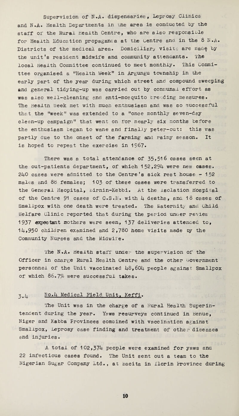 Supervision of N.A. dispensaries, Leprosy Clinics and N.A. Health Departments in the area is conducted by the staff of the Rural Health Centre, who are also responsible for Health Education propaganda at the Centre and in the 8 N.A. Districts of the medical area. Domiciliary visits are made by the unit's resident midwife and community attendants. The local Health Committee continued to meet monthly. This Commi¬ ttee organised a Health Week” in Argungu township in the early part of the year during which street and compound sweeping and general tiaying-up was carried out by communal effort as was also well-cleaning and. anti-mosquito breeding measures. The Health Week met with much enthusiasm and was so successful that the week was extended to a once monthly seven-day clean-up campaign that went on for nearly six months before the enthusiasm began to wane and finally peter-out: this was partly due to the onset of the farming and rainy season. It is hoped to repeat the exercise in 1967* There was a total attendance of 35*516 cases seen at the out-patients department, of which 152,29k were nev/ cases. 240 cases were admitted to the Centre’s sick rest house -152 males etna 88 females; 103 of these cases were transferred to the General Hsopital, uirnin-Kebbi. At the isolation Hospital of the Centre 91 cases of C.S.M. with 4 deaths, ana 18 cases of Smallpox with one death were treated. The Maternity and child Welfare Clinic reported that during the period under review 1937 expectant mothers were seen, 137 deliveries attended to, 14*950 children examined and 2,780 home visits made by the Community Nurses and the Midwife. The N.A. Health staff under the supervision of the Officer in charge Rural Health Centre and the other Government personnel of the Unit vaccinated 48,604 people against Smallpox of which 86.7% were successful takes. 3.4 No.4 Medical Field Unit. Keffi. The Unit was in the charge of a Rural Health Superin¬ tendent during the year. Yaws resurveys continued in Benue, Niger and Kabba Frovinces combined with vaccination against Smallpox, Leprosy case finding and treatment of other diseases and injuries. A total of 102,374 people were examined for yaws and 22 infectious cases found. The Unit sent out a team to the Nigerian Sugar Company Ltd., at bacita in florin Province during