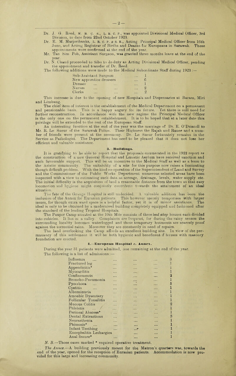 Dr. J. G. Reed, m. r. c. s., l. r. c. p., was appointed Divisional Medical Officer, 3rd Division, to dale from 22nd October 1923. Dr. E. M. Marjoribanks, L. r. c. p. & s. e., Acting Principal Medical Officer from 16th Jane, and Acting Registrar of Births and Deaths for Europeans in Sarawak. These appointments were confirmed at the end of the year. Mr. Tan Sim Pob, Assistant Surgeon, was granted three months leave at the end of the year. Dr. N. Chand proceeded to Sibti to do duty as Acting Divisional Medical Officer, pending the appointment and transfer of Dr. Reed. The following additions were made to the Medical Subordinate Staff during 1923 :— Sub-Assistant Surgeon ... 1 New apprentice dressers ... 6 Dresser ... ... ... 1 Nurses ... ... ... 2 Clerks ... ... ... 2 This increase is due to the opening of new Hospitals and Dispensaries at Baram, Miri and Limbang. The chief item of interest is the establishment of the Medical Department on a permanent and pensionable basis. This is a happy augury for its future. Yet there is still need for further reconstruction. In accordance with the new regime the Principal Medical Officer is the only one on the permanent establishment. It is to be hoped that at a later date this privilege will be extended to the rest of the European Staff. An interesting function at the end of the year was the marriage of Dr. E. O’Driscoll to Mr. R. Le Sueur of the Sarawak Police. Their Highness the Rajah and Ranee and a num¬ ber of friends were present at the ceremony. Dr. He Sueur fortunately remains in the Service as Pathologist. The Department has need to be pleased that it does not lose her efficient and valuable assistance. 3.—Buildings. It is gratifying to be able to report that the proposals enumerated in the 1922 report re the construction of a new General Hospital and Lunatic Asylum have received sanction and such favourable support. This will be an incentive to the Medical Staff as well as a boon to the Asiatic community. The suitability of a site for this purpose now raises a fascinating though difficult problem. With the kind co-operation of the Superintendent of Land and Survey and the Commissioner of the Public Works Department numerous selected areas have been inspected with a view to estimating such data as acreage, drainage, levels, water supply etc. The initial difficulty is the acquisition of land a reasonable distance from the town so that easy locomotion and hygiene might conjointly contribute towards the attainment of an ideal situation. The fate of the Grange Hospital is still undecided. A valuable addition has been the inclusion of the Annex for Eurasian patients. This however merely temporises with larger issues, for though extra ward space is a helpful factor, yet it is of minor assistance. The ideal is only to be obtained by a modernised building completely equipped and fashioned after the standard of the leading Tropical Hospitals. The Pauper Camp situated at the 10th Mile consists of three leaf atap houses each divided into cubicles. It lies in a valley. Complaints are frequent, for during the rainy season the surrounding locality becomes waterlogged and these temporary hutments are scarcely proof against the torrential rains. Moreover they are constantly in need of repairs. The land overlooking the Camp affords an excellent building site. In view of the per- manancy of this settlement it will be both hygienic and beneficent if houses with masonry foundation are erected. 4.—European Hospital c. Annex. During the year 31 patients were admitted, one remaining at the end of the year. The following is a list of admissions :— Influenza Fractured leg Appendicitis* Myocarditis Confinements Broncho-Pneumonia Pyorrhoea Cystitis Albuminuria Amoebic Dysentery Follicular Tonsilitis Mucous Colitis Phlebitis ... / Perineal Abscess* Dental Extractions Neurasthenia Phimosis* Infant Teething ... ,.r Encephalitis Lethargica Anal fissure* N■ B.—Those cases marked * required operative treatment. The Annex.—A building previously meant for the Matron’s quarters was, towards the end of the year, opened for the reception of Eurasian patients. Accommodation is now pro¬ vided for this large and increasing community. 1 1 1 2 1 5 1 1 1 1 2 1 1 3 1 1 1 1 1