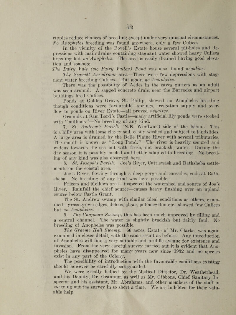 ripples reduce chances of breeding except under very unusual circumstances. No Anopheles breeding was found anywhere, only a few Culices. In the vicinity of the Bovell’s Estate house several pit-holes and de¬ pressions with main drains containing stagnant water showed heavy Culices breeding but no Anopheles. The area is easily drained having good eleva¬ tion and soakage. The Dairy Vale (sic Fairy Valley) Pond, was also found negative. The, Seawell Aerodrome area—There were few depressions with stag¬ nant water breeding Culices. But again no Anopheles. There was the possibility of Aedes in the eaves gutters as an adult was seen around. A sagged concrete drain, near the Barracks and airport buildings bred Cidices. Ponds at Golden Grove, St. Philip, showed no Anopheles breeding though conditions were favourable—springs, irrigation supply and over¬ flow to ponds on River Estate—all proved negative. Grounds at Sam Lord’s Castle—many artificial lily ponds were stocked with “millions”—No breeding of any kind. 7. St. Andrew’s Parish. N.E. Windward side of the Island. This is a hilly area with loose clayey soil, easily washed and subject to landslides. A large area is drained by the Belle Plaine River with several, tributaries. The mouth is known as “Long Pond.” The river is heavily scoured and widens towards the sea but with fresh, not brackish, water. During the dry season it is possibly pooled and better adapted to breeding. No breed¬ ing of any kind was also observed here. 8. St. Joseph’s Parish. Joe’s River, Cattlewash and Bathsheba settle¬ ments on the coastal area. Joe’s River, flowing through a deep gorge and cascades, ends at Bath¬ sheba. No breeding of any kind was here possible. Frizers and Mellows area—inspected the watershed and source of Joe’s River. Rainfall the chief source—causes hea^y flushing over an upland course below Castle Grant. The St. Andrew swamp with similar ideal conditions as others, exam¬ ined—grass-grown edges, debris, algae, potomegeton etc., showed few Culices but no Anopheles. 9. The Chapman Swamp, this has been much improved by filling and a central channel. The water is slightly brackish but fairly foul. No breeding of Anopheles was possible. The Graeme Hall Swamp. 66 acres, Estate of Mr. Clarke, was again examined in closer detail, with the same result as before. Any introduction of Anopheles will find a very suitable and prolific avenue for existence and invasion. From the very careful survey carried out it is evident that, Ano¬ pheles have disappeared for many years now since 1932 and no species exist in any part of the Colony. The possibility of introduction with the favourable conditions existing should however be carefully safeguarded. We were greatly helped by the Medical Director, Dr. Weatherhead, and his Deputy, Dr. Grannum as well as Mr. Gibbons, Chief Sanitary In¬ spector and his assistant, Mr. Abrahams, and other members of the staff in carrying out the survey in so short a time. We are indebted for their valu¬ able help.
