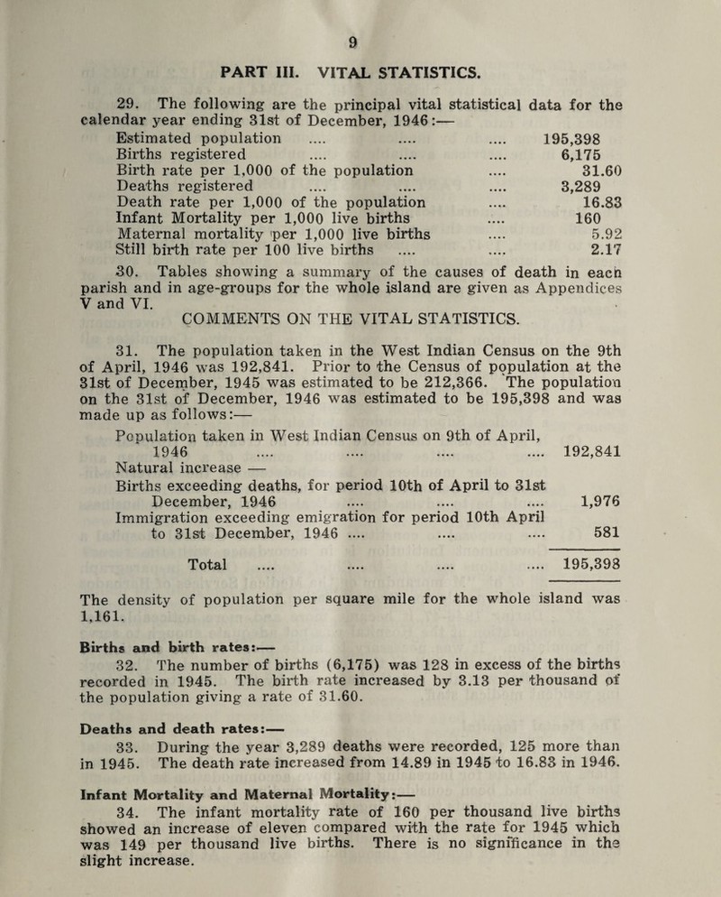 PART III. VITAL STATISTICS. 29. The following are the principal vital statistical data for the calendar year ending 31st of December, 1946:— Estimated population .... .... .... 195,398 Births registered .... .... .... 6,175 Birth rate per 1,000 of the population .... 31.60 Deaths registered .... .... .... 3,289 Death rate per 1,000 of the population .... 16.83 Infant Mortality per 1,000 live births .... 160 Maternal mortality per 1,000 live births .... 5.92 Still birth rate per 100 live births .... .... 2.17 30. Tables showing a summary of the causes of death in each parish and in age-groups for the whole island are given as Appendices V and VI. COMMENTS ON THE VITAL STATISTICS. 31. The population taken in the West Indian Census on the 9th of April, 1946 was 192,841. Prior to the Census of population at the 31st of December, 1945 was estimated to be 212,366. The population on the 31st of December, 1946 was estimated to be 195,398 and was made up as follows:— Population taken in West Indian Census on 9th of April, 1946 .... .... .... .... 192,841 Natural increase — Births exceeding deaths, for period 10th of April to 31st December, 1946 .... .... .... 1,976 Immigration exceeding emigration for period 10th April to 31st December, 1946 .... .... .... 581 Total 195,398 The density of population per square mile for the whole island was 1,161. Births and birth rates:— 32. The number of births (6,175) was 128 in excess of the births recorded in 1945. The birth rate increased by 3.13 per thousand of the population giving a rate of 31.60. Deaths and death rates:— 33. During the year 3,289 deaths were recorded, 125 more than in 1945. The death rate increased from 14.89 in 1945 to 16.83 in 1946. Infant Mortality and Maternal Mortality:— 34. The infant mortality rate of 160 per thousand live births showed an increase of eleven compared with the rate for 1945 which was 149 per thousand live births. There is no significance in the slight increase.