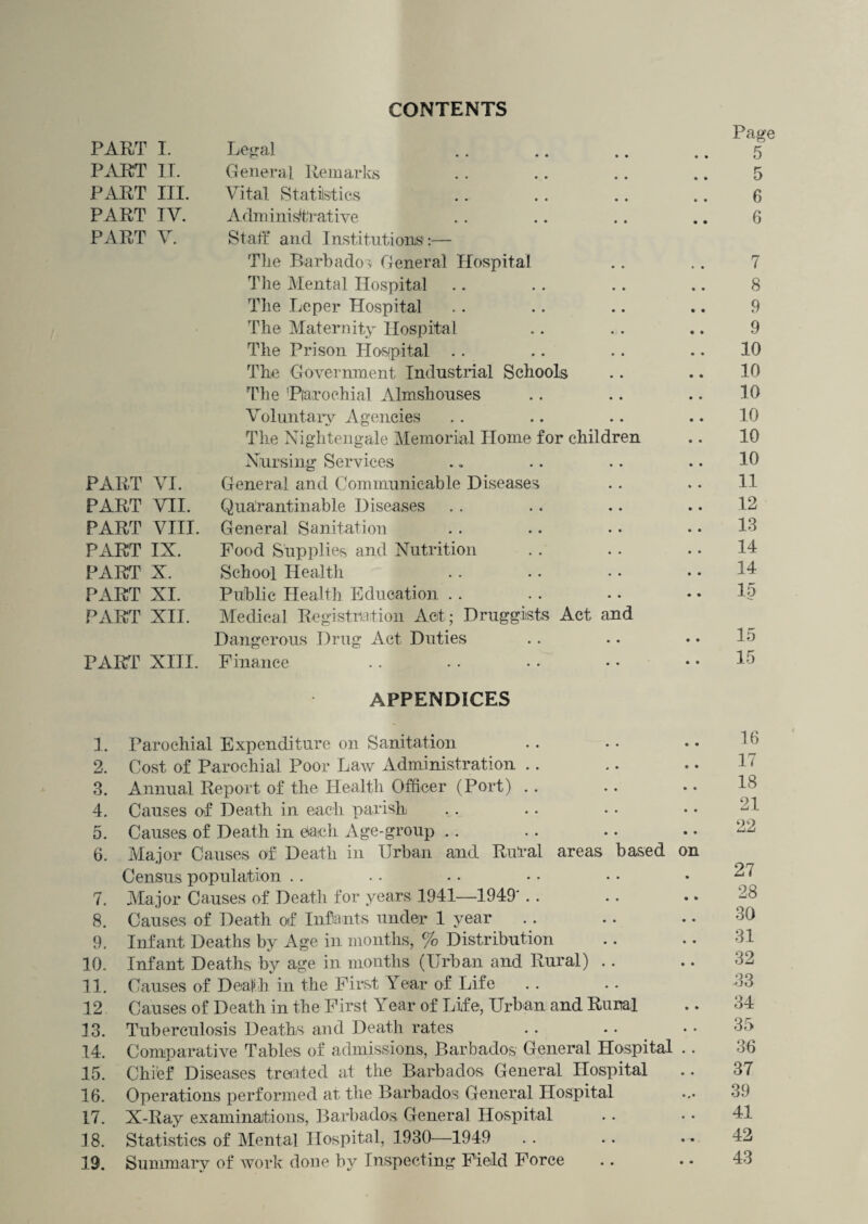 CONTENTS PART I. Legal PART II. General Remarks PART III. Vital Statistics PART IV. Adm inist'r ative PART V. Staff and Institutions PART VI. PART VII. PART VIII. PART IX. PART X. PART XI. PART XII. Tlie Barbados General Hospital The Mental Hospital Tlie Leper Hospital The Maternity Hospital The Prison Hospital .. The Government Industrial Schools The 'Parochial Almshouses Voluntary Agencies The Nightengale Memorial Home for children Nursing Services General and Communicable Diseases QuUrantinable Diseases General Sanitation Pood Supplies and Nutrition School Health Public Health Education Medical Registration Act; Druggists Act and Dangerous Drug Act Duties PART XIII. Finance APPENDICES 1. Parochial Expenditure on Sanitation 2. Cost of Parochial Poor Law Administration 3. Annual Report of the Health Officer (Port) 4. Causes of Death in each parish 5. Causes of Death in each Age-group 6. Major Causes of Death in Urban and Rural areas based Census population 7. Major Causes of Death for years 1941—1949‘ 8. Causes of Death of Infants under 1 year 9. Infant Deaths by Age in months, % Distribution 10. Infant Deaths by age in months (Urban and Rural) .. 11. Causes of Death in the First Year of Life 12 Causes of Death in the First Year of Life, Urban and Rural 13. Tuberculosis Deaths and Death rates 14. Comparative Tables of admissions, Barbados General Hospital 15. Chief Diseases treated at the Barbados General Hospital 16. Operations performed at the Barbados General Hospital 17. X-Ray examinations, Barbados General Hospital 18. Statistics of Mental Hospital, 1930—1949 13. Summary of work done by Inspecting Field Force