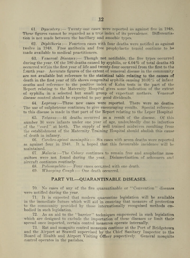 61. Dysentery:— Twenty-one eases were reported as against five in 1948, These figures cannot be regarded as a true index of its prevalence. Differentia¬ tion is not made between the bacillary and amoebic types. 62. Diphtheria:— Fourteen cases with four deaths were notified as against twelve in 1948. Free antitoxin and free prophylactic toxoid continue to be made available to medical practitioners. 63. Venereal Diseases:— Though not notifiable, the five types occurred during the year. Of the 180 deaths caused by syphilis, or 6.04% of total deaths 85 occurred within the first year of life and twenty-four occurred from the first to the fourth year- Accurate figures of the extent of venereal disease in the community are not available but reference to the statistical table relating to the causes of death in the first year of life shows congenital syphilis causing 10.01 % of infant deaths and reference to the positive index of Kahn tests in the part of the Report relating to the Maternity Hospital gives some indication of the extent of syphilis in a selected but small group of expectant mothers. Venereal disease control should be expected to pay good dividends. 64. Leprosy:—Three new cases were reported. There were no deaths. The use of sulphetrone continues to give encouraging results. Special reference to this disease is made in that part of the Report relating to the Leper Hospital 65. Tetanus:—46 deaths occurred as a result of the disease. Of this number 30 were infants under one year of age, undoubtedly due to infection of the “cord” at birth. The supply of well trained midwives resulting from the establishment of the Maternity Training Hospital should abolish this cause of death in infancy. 66. Cerebro--spinal meningitis:— Six cases with seven deaths were reported as against four in 1948. It is hoped that this favourable incidence will be maintained. 67. Malaria:—The Colony continues to remain free and anopheline mos¬ quitoes were not found during the year. Disinsectisation of schooners anrl aircraft continues routinely. 68. Poliomyelitis:— Four cases occurred with one death. 69- Whooping Cough :— One death occurred. PART VII.—QIJARANTINABLE DISEASES. 70. No cases of any of the five quarantinable or “Convention” diseases were notified during the year. 71. It, is expected that modern quarantine legislation will be available in the immediate future which will aid in ensuring that measure of protection to the community provided by those internationally recognised methods em¬ bodied in such legislation. 72. As an aid to the “barrier” techniques empowered in such legislation which are designed to exclude the importation of these diseases or limit their spread once imported, certain control measures operate internally. 73. Rat and mosquito control measures continue at the Port of Bridgetown and the Airport at Seawell supervised by the Chief Sanitary Inspector to the Board of Health and Airport Visiting Officer respectively. General mosquito control operates in the parishes.