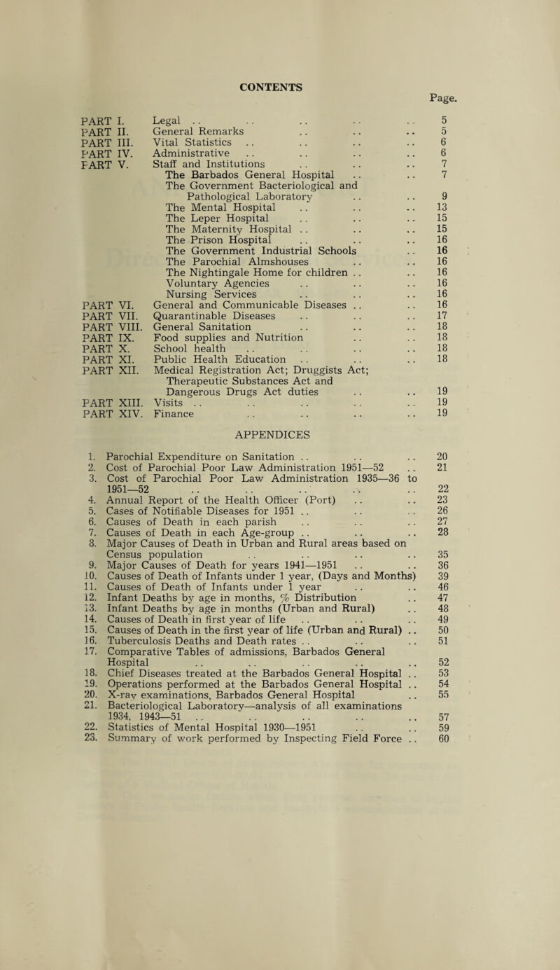 CONTENTS Page. PART I. Legal PART II. General Remarks PART III. Vital Statistics PART IV. Administrative FART V. Staff and Institutions PART VI. PART VII. PART VIII. PART IX. PART X. PART XI. PART XII. PART XIII. PART XIV. The Barbados General Hospital The Government Bacteriological and Pathological Laboratory The Mental Hospital The Leper Hospital The Maternity Hospital . . The Prison Hospital The Government Industrial Schools The Parochial Almshouses The Nightingale Home for children Voluntary Agencies Nursing Services General and Communicable Diseases Quarantinable Diseases General Sanitation Food supplies and Nutrition School health Public Health Education Medical Registration Act; Druggists Act; Therapeutic Substances Act and Dangerous Drugs Act duties Visits Finance 5 5 6 6 7 7 9 13 15 15 16 16 16 16 16 16 16 17 18 18 18 18 19 19 19 APPENDICES 1. Parochial Expenditure on Sanitation .. . . 20 2. Cost of Parochial Poor Law Administration 1951—52 . . 21 3. Cost of Parochial Poor Law Administration 1935—36 to 1951—52 .. .. .. .s ..22 4. Annual Report of the Health Officer (Port) . . .. 23 5. Cases of Notifiable Diseases for 1951 .. . . . . 26 6. Causes of Death in each parish . . .. .. 27 7. Causes of Death in each Age-group .. .. .. 28 8. Major Causes of Death in Urban and Rural areas based on Census population . . . . .. 35 9. Major Causes of Death for years 1941—1951 .. .. 36 10. Causes of Death of Infants under 1 year, (Days and Months) 39 11. Causes of Death of Infants under 1 year .. .. 46 12. Infant Deaths by age in months, % Distribution .. 47 13. Infant Deaths by age in months (Urban and Rural) .. 48 14. Causes of Death in first year of life . . . . .. 49 15. Causes of Death in the first year of life (Urban and Rural) .. 50 16. Tuberculosis Deaths and Death rates .. .. .. 51 17. Comparative Tables of admissions, Barbados General Hospital .. .. .. .. 52 18. Chief Diseases treated at the Barbados General Hospital .. 53 19. Operations performed at the Barbados General Hospital .. 54 20. X-ray examinations, Barbados General Hospital .. 55 21. Bacteriological Laboratory—analysis of all examinations 1934, 1943—51 .. .. .. .. ..57 22. Statistics of Mental Hospital 1930—1951 .. .. 59 23. Summary of work performed by Inspecting Field Force . . 60