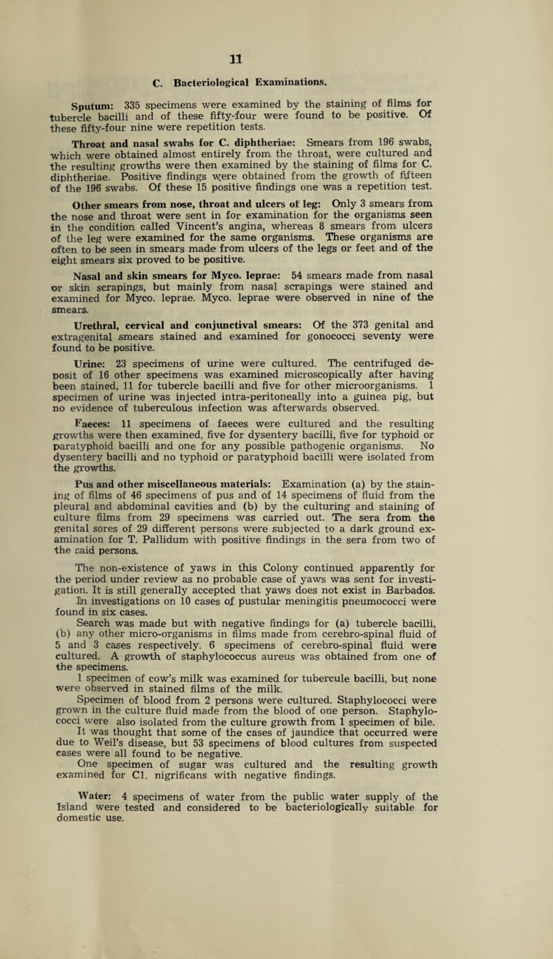 C. Bacteriological Examinations. Sputum: 335 specimens were examined by the staining of films for tubercle bacilli and of these fifty-four were found to be positive. Of these fifty-four nine were repetition tests. Throat and nasal swabs for C. diphtheriae: Smears from 196 swabs, which were obtained almost entirely from the throat, were cultured and the resulting growths were then examined by the staining of films for C. diphtheriae. Positive findings w.ere obtained from the growth of fifteen of the 196 swabs. Of these 15 positive findings one was a repetition test. Other smears from nose, throat and ulcers of leg: Only 3 smears from the nose and throat were sent in for examination for the organisms seen in the condition called Vincent’s angina, whereas 8 smears from ulcers of the leg were examined for the same organisms. These organisms are often to be seen in smears made from ulcers of the legs or feet and of the eight smears six proved to be positive. Nasal and skin smears for Myco. leprae: 54 smears made from nasal or skin scrapings, but mainly from nasal scrapings were stained and examined for Myco. leprae. Myco. leprae were observed in nine of the smears. Urethral, cervical and conjunctival smears: Of the 373 genital and extragenital smears stained and examined for gonococci seventy were found to be positive. Urine: 23 specimens of urine were cultured. The centrifuged de¬ posit of 16 other specimens was examined microscopically after having been stained, 11 for tubercle bacilli and five for other microorganisms. 1 specimen of urine was injected intra-peritoneally into a guinea pig, but no evidence of tuberculous infection was afterwards observed. Faeces: 11 specimens of faeces were cultured and the resulting growths were then examined, five for dysentery bacilli, five for typhoid or paratyphoid bacilli and one for any possible pathogenic organisms. No dysentery bacilli and no typhoid or paratyphoid bacilli w:ere isolated from the growths. Pus and other miscellaneous materials: Examination (a) by the stain¬ ing of films of 46 specimens of pus and of 14 specimens of fluid from the pleural and abdominal cavities and (b) by the culturing and staining of culture films from 29 specimens was carried out. The sera from the genital sores of 29 different persons were subjected to a dark ground ex¬ amination for T. Pallidum with positive findings in the sera from two of the said persons. The non-existence of yaws in this Colony continued apparently for the period under review as no probable case of yaws was sent for investi¬ gation. It is still generally accepted that yaws does not exist in Barbados. In investigations on 10 cases of pustular meningitis pneumococci were found in six cases. Search was made but with negative findings for (a) tubercle bacilli, (b) any other micro-organisms in films made from cerebro-spinal fluid of 5 and 3 cases respectively. 6 specimens of cerebro-spinal fluid were cultured. A growth of staphylococcus aureus was obtained from one of the specimens. 1 specimen of cow’s milk was examined for tubercule bacilli, but none were observed in stained films of the milk. Specimen of blood from 2 persons were cultured. Staphylococci were grown in the culture fluid made from the blood of one person. Staphylo¬ cocci were also isolated from the culture growth from 1 specimen of bile. It was thought that some of the cases of jaundice that occurred were due to Weil’s disease, but 53 specimens of blood cultures from suspected cases were all found to be negative. One specimen of sugar was cultured and the resulting growth examined for Cl. nigrificans with negative findings. Water: 4 specimens of water from the public water supply of the Island were tested and considered to be bacteriologically suitable for domestic use.