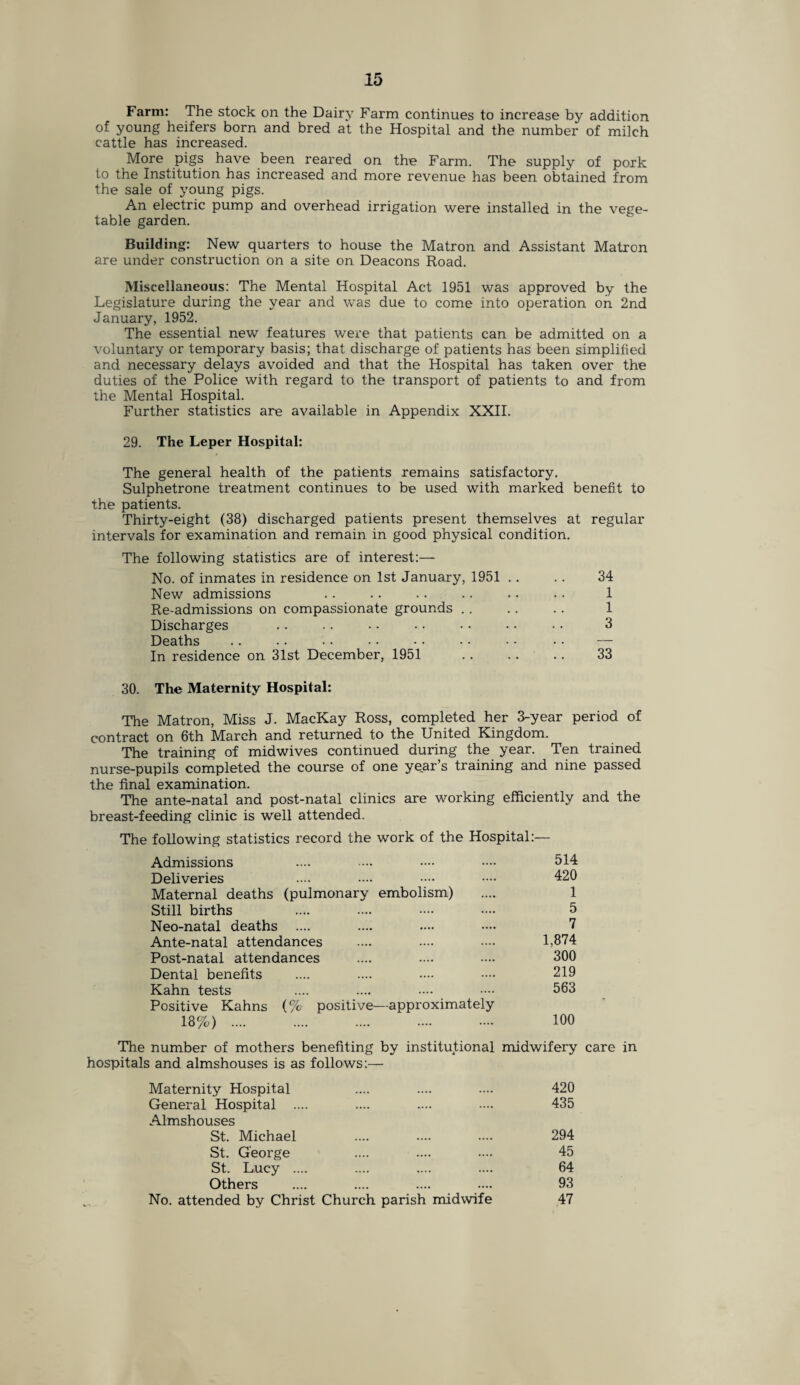 Farm: The stock on the Dairy Farm continues to increase by addition of young heifers born and bred at the Hospital and the number of milch cattle has increased. More pigs have been reared on the Farm. The supply of pork to the Institution has increased and more revenue has been obtained from the sale of young pigs. An electric pump and overhead irrigation were installed in the vege¬ table garden. Building: New quarters to house the Matron and Assistant Matron are under construction on a site on Deacons Road. Miscellaneous: The Mental Hospital Act 1951 was approved by the Legislature during the year and was due to come into operation on 2nd January, 1952. The essential new features were that patients can be admitted on a voluntary or temporary basis; that discharge of patients has been simplified and necessary delays avoided and that the Hospital has taken over the duties of the Police with regard to the transport of patients to and from the Mental Hospital. Further statistics are available in Appendix XXII. 29. The Leper Hospital: The general health of the patients remains satisfactory. Sulphetrone treatment continues to be used with marked benefit to the patients. Thirty-eight (38) discharged patients present themselves at regular intervals for examination and remain in good physical condition. The following statistics are of interest:— No. of inmates in residence on 1st January, 1951 .. .. 34 New admissions .. .. .. .. .. .. 1 Re-admissions on compassionate grounds . . .. . . 1 Discharges . . .. • - • • • • • • • • 3 Deaths .. .. . • • • • • • • • • • • — In residence on 31st December, 1951 . 33 30. The Maternity Hospital: The Matron, Miss J. MacKay Ross, completed her 3-year period of contract on 6th March and returned to the United Kingdom. The training of midwives continued during the year. Ten trained nurse-pupils completed the course of one year’s training and nine passed the final examination. The ante-natal and post-natal clinics are working efficiently and the breast-feeding clinic is well attended. The following statistics record the work of the Hospital:— Admissions 514 Deliveries 420 Maternal deaths (pulmonary embolism) 1 Still births 5 Neo-natal deaths 7 Ante-natal attendances 1,874 Post-natal attendances 300 Dental benefits 219 Kahn tests Positive Kahns (% positive—approximately 563 18%) . . 100 The number of mothers benefiting by institutional midwifery hospitals and almshouses is as follows:— Maternity Hospital 420 General Hospital .... Almshouses 435 St. Michael 294 St. George 45 St. Lucy .... 64 Others 93 No. attended by Christ Church parish midwife 47