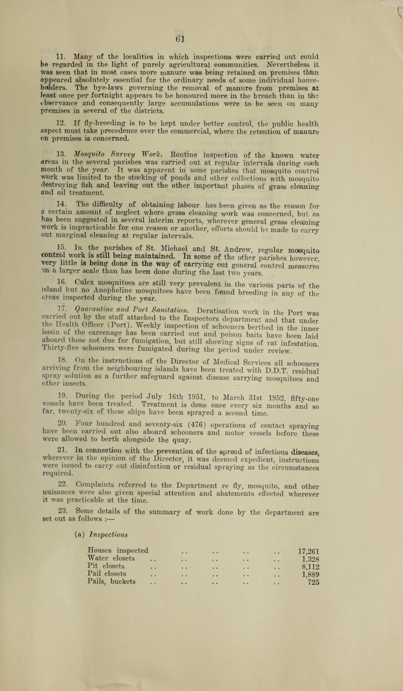 11. Many of the localities in which inspections were carried out could be regarded in the light of purely agricultural communities. Nevertheless it was seen that in most cases more manure was being retained on premises than appeared absolutely essential for the ordinary needs of some individual house¬ holders. The bye-laws governing the removal of manure from premises at least once per fortnight appears to be honoured more in the breach than in the o bservance and consequently large accumulations were to be seen on many premises in several of the districts. 12. If fly-breeding is to be kept under better control, the public health aspect must take precedence over the commercial, where the retention of manure on premises is concerned. 13. Mosquito Survey Work. Routine inspection of the known water areas in the several parishes was carried out at regular intervals during eateh month of the year. It was apparent in some parishes that mosquito control work was limited to the stacking of ponds and other collections with mosquito destroying fish and leaving out the other, important phases of grass cleaning and oil treatment. 14. The difficulty of obtaining labour has been given as the reason for a certain amount of neglect where grass cleaning wolrk was concerned, but as has been suggested in several interim reports, wherever general grass cleaning work is impracticable for one reason or another, efforts should be made to carry out marginal cleaning at regular intervals. 15. In the parishes of St. Michael and St. Andrew, regular mosquito control work is still being maintained. In some of the other parishes however, very little is being done in the way of carrying out general control measures on a larger scale than has been done during the last two years. i L6i Culex mosquitoes ar;e still very prevalent in the various parts 'of the island but no Anophelme mosquitoes have been fqund breeding: in anv of the areas inspected during the year. y 17. Quarantine and Port Sanitation. Deratisation work in the Port was carried out by the staff attached to the Inspectors department and that under the Health Officer (Port). Weekly inspection of schooners berthed in the inner oasin ox the careenage has been carried out and poison baits have been laid aboard those not due for fumigation, but still showing signs of rat infestation 1 hirty-nve schooners were fumigated during the period under review 18. On the instructions of the Director of Medical Services all schooners arriving from the neighbouring islands have been treated with D.D.T. residual spray solution as a further safeguard against disease carrying mosquitoes and other insects. 19. During the period July 16th 1951, to March 31st 1952, fifty-one vessels have been treated. Treatment is done once every six months and so far, twenty-six of these ships have been sprayed a second time. 20. Pour hundred and seventy-six (476) operations of contact spraying have been carried out also aboard schooners and motor vessels before these were allowed to berth alongside the quay. 21. In connection with the prevention of the spread of infectious diseases, wherever in the opinion of the Director, it was deemed expedient, instructions were issued to carry out disinfection or residual spraying as the circumstances required. 22. Complaints referred to the Department re fly, mosquito, and other nuisances were also given special attention and abatements effected wherever it was practicable at the time. 23. Some details of the summary of work done by the department are set out as follows :— (a) Inspections Houses inspected .. .. .. .. 17,261 Water closets .. .. .. .. .. 1,328 Pit closets .. .. .. . . .. 8*112 Pail closets .. .. .. .. .. 1,889 Pails, buckets . . .. .. .. .. 725