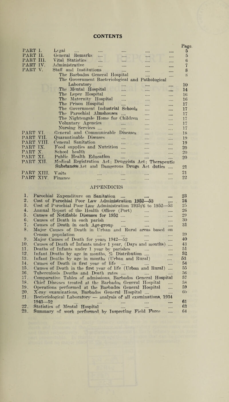 CONTENTS Page. PART 1. Legal .... .... .... .... .... 5 PART II. General Remarks .... .... .... .... 5 PART III. Vital Statistics .... .... .... .... 6 PART IV. Administrative .... .... .... .... 7 PART V. Staff and Institutions .... .... .... 8 The Barbados General Hospital .... .... 8 The Government Bacteriological and Pathological Laboratory .... .... .... 10 The Mjental Hospital .... .... .... 14 The Leper Hospital .... .... .... 16 The Maternity Hospital .... .... .... 16 The Prison Hospital .... .... .... 17 The Government Industrial Schools .... .... 17 The Parochial Almshouses .... .... .... 17 The Nightengale Home for Children .... .... 17 Voluntary Agencies .... .... .... 17 Nursing Services .... .... .... .... 17 PART VI. General and Communicable Diseases .... .... 18 PART VII. Quarantinable Diseases .... .... ... 19 PART VIII. Ceneral Sanitation .... .... .... 19 PART TX. Food supplies and Nutrition .... .... .... 20 PART X. School health .... .... .... .... 20 PART XI. Public Health Education .... .... .... 20 PART XII. Medical Registration Act; Druggists Act; Therapeutic Substanc'ds Act and Dangerous Drugs Act duties .... 21 PART XIII. Visits .. .. .... .... 21 PART XTV. Finance .... .... .... .... 22 APPENDICES 1. Parochial Expenditure on Sanitation .... .... .... 23 2. Cost of Parochial Poor Law Administration 1952—53 .... . 24 3. Cost of Parochial Poor Law Administration 1935/6 to 1952—53 25 4. Annual Report of the Health Officer (Port) .... .... 26 5. Causes of Notifiable Diseases for 1952 .... .... .... 29 6. Causes of Death in each parish .... .... .... 30 7. Causes of Death In each Age-group .... .... .... 31 8. Major Causes of Death in Urban and Rural areas based on Census population .... .... .... .... 39 9. Major Causes of Death for years 1942—52 .... .... 40 10. Causes of Death of Infants under 1 year, (Days and months) .... 43 11. Deaths of Infants under 1 year by parishes .... .... 51 12. Infant Deaths by age in months, % Distribution .... .... 52 13. Infant Deaths by age in months (Urban and Rural) .... 53 14. Causes of Death in first year of life .... .... .... 54 15. Causes of Death in the first year of life (Urban and Rural) .... 55 16. Tuberculosis Deaths and Death rates .... .... .... 56 17. Comparative Tables of admissions, Barbados General Hospital 57 18. Chief Diseases treated at the Barbados General Hospital .... 58 19. Operations performed at the Barbado's General Hospital .... 59 20. X-ray examinations, Barbados General Hospital .... .... 60 21. Becteriological Laboratory* — analvsis of all examinations. 1934 1943—52 .... ' .... ' .... .... .... 61 22. Statistics of Mental Hospital .... .... .... 63 23. Summary of work performed by Inspecting Field Force .... 64