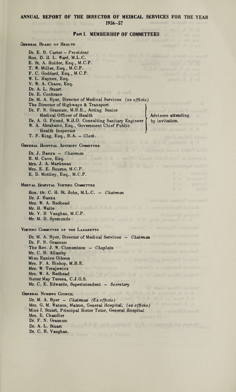 ANNUAL REPORT OF THE DIRECTOR OF MEDICAL SERVICES FOR THE YEAR 1956-57 Part I. MEMBERSHIP OF COMMITTEES General Board of Health Dr. E. B. Carter — President Hon. D. H. L. Ward, M.L.C. E. St. A. Holder, Esq., M.C.P. T. W. Miller, Esq., M.C.P. F. C. Goddard, Esq., M.C.P. W. L. Haynes, Esq. V. W. A. Chase, Esq. Dr. A. L. Stuart Dr. E. Cochrane Dr. M. A. Byer, Director of Medical Services (ex officio) The Director of Highways & Transport Dr. F. N. Grannum, M.B.E., Acting Senior Medical Officer of Health Advisers attending Dr. A. G. Friend, W.H.O. Consulting Sanitary Engineer by invitation. W. A. Abrahams, Esq., Government Chief Public Health Inspector J T. F. King, Esq., B.A. — Clerk. General Hospital Advisory Committee Dr. J. Baeza — Chairman R. M. Cave, Esq. Mrs. J. A. Martineau Mrs. E. E. Bourne, M.C.P. E. D. Mottley, Esq., M.C.P. Mental Hospital Visiting Committee Hon. Dr. C. H. St. John, M.L.C. — Chairman Dr. J. Baeza Mrs. W. A. Redhead Mr. H. Waite Mr. V. B Vaughan, M.C.P. Mr. M. D. Symmonds Visiting Committee of the Lazaretto Dr. M. A. Byer, Director of Medical Services — Chairman Dr. F. N. Grannum The Rev. J. W. Clementson — Chaplain Mr. C. B. Allamby Miss Eunice Gibson Mrs. F. A. Bishop, M.B.E. Mrs. W. Terajewicz Mrs. W. A. Redhead Sister May Teresa, C.J.G.S. Mr. C. E. Edwards, Superintendent — Secretary General Nursing Council Dr. M. A. Byer — Chairman (Ex officio) Mrs. G. M. Watson, Matron, General Hospital, (ex officio) Miss I. Stuart, Principal Sister Tutor, General Hospital Mrs. E. Chandler Dr. F. N. Grannum Dr. A. L. Stuart Dr. C. B. Vaughan.