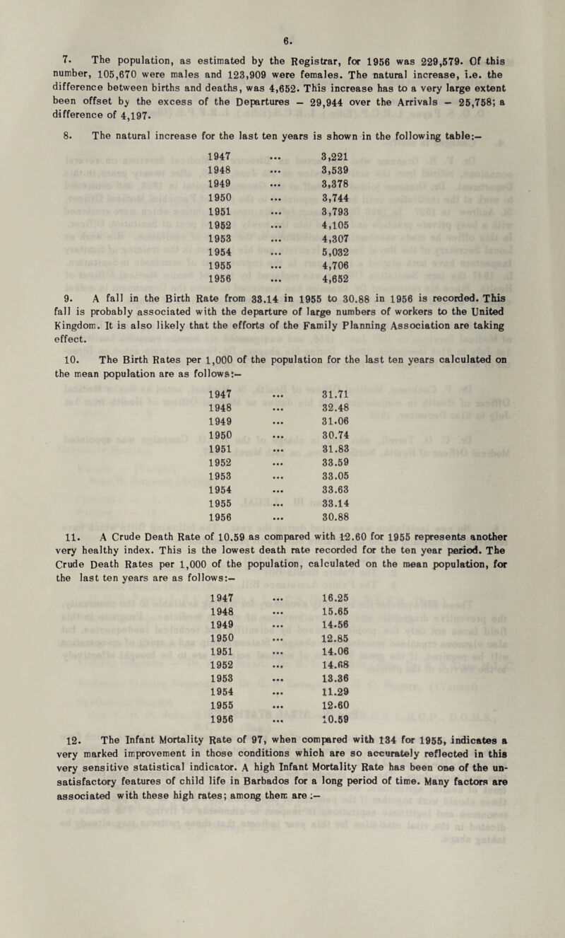 7. The population, as estimated by the Registrar, for 1956 was 229,579. Of this number, 105,670 were males and 123,909 were females. The natural increase, i.e. the difference between births and deaths, was 4,652. This increase has to a very large extent been offset by the excess of the Departures — 29,944 over the Arrivals — 25,758; a difference of 4,197. 8. The natural increase for the last ten years is shown in the following table:— 1947 1948 1949 1950 1951 1952 1953 1954 1955 1956 9. A fall in the Birth Rate from 33.14 in 1955 to 30.88 in 1956 is recorded. This fall is probably associated with the departure of large numbers of workers to the United Kingdom. It is also likely that the efforts of the Family Planning Association are taking effect. 10. The Birth Rates per 1,000 of the population for the last ten years calculated on the mean population are as follows!— 1947 • • • 31.71 1948 • • • 32.48 1949 31.06 1950 • • • 30.74 1951 31.83 1952 33.59 1953 • « • 33.05 1954 • • • 33.63 1955 • • • 33.14 1956 • • • 30.88 11. A Crude Death Rate of 10.59 as compared with 42.60 for 1955 represents another very healthy index. This is the lowest death rate recorded for the ten year period. The Crude Death Rates per 1,000 of the population, calculated on the mean population, for the last ten years are as follows:— 1947 • • • 16.25 1948 • • • 15.65 1949 14.56 1950 • • • 12.85 1951 14.06 1952 • • • 14.68 1953 13.36 1954 • • • 11.29 1955 12.60 1956 • • • 10.59 12. The Infant Mortality Rate of 97, when compared with 134 for 1955, indicates a very marked improvement in those conditions which are so accurately reflected in this very sensitive statistical indicator. A high Infant Mortality Rate has been one of the un¬ satisfactory features of child life in Barbados for a long period of time. Many factors are associated with these high rates; among them are 3,221 3,539 3,378 3,744 3,793 4,105 4,307 5,032 4,706 4,652