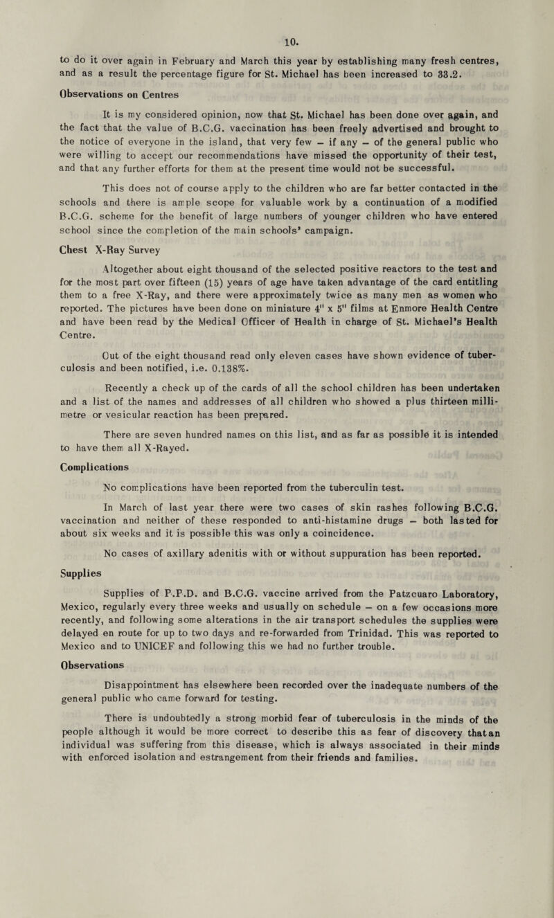 to do it over again in February and March this year by establishing many fresh centres, and as a result the percentage figure for St. Michael has been increased to 33.2. Observations on Centres It is my considered opinion, now that St. Michael has been done over again, and the fact that the value of B.C.G. vaccination has been freely advertised and brought to the notice of everyone in the island, that very few — if any — of the general public who were willing to accept our recommendations have missed the opportunity of their test, and that any further efforts for them at the present time would not be successful. This does not of course apply to the children who are far better contacted in the schools and there is ample scope for valuable work by a continuation of a modified B.C.G. scheme for the benefit of large numbers of younger children who have entered school since the completion of the main schools* campaign. Chest X-Ray Survey Altogether about eight thousand of the selected positive reactors to the test and for the most part over fifteen (15) years of age have taken advantage of the card entitling them to a free X-Ray, and there were approximately twice as many men as women who reported. The pictures have been done on miniature 4 x 5 films at Enmore Health Centre and have been read by the Medical Officer of Health in charge of St. Michael’s Health Centre. Out of the eight thousand read only eleven cases have shown evidence of tuber¬ culosis and been notified, i.e. 0.138%. Recently a check up of the cards of all the school children has been undertaken and a list of the names and addresses of all children who showed a plus thirteen milli¬ metre or vesicular reaction has been prepared. There are seven hundred names on this list, and as far as possible it is intended to have them all X-Rayed. Complications No complications have been reported from the tuberculin test. In March of last year there were two cases of skin rashes following B.C.G. vaccination and neither of these responded to anti-histamine drugs — both lasted for about six weeks and it is possible this was only a coincidence. No cases of axillary adenitis with or without suppuration has been reported. Supplies Supplies of P.P.D. and B.C.G. vaccine arrived from the Patzcuaro Laboratory, Mexico, regularly every three weeks and usually on schedule — on a few occasions more recently, and following some alterations in the air transport schedules the supplies were delayed en route for up to two days and re-forwarded from Trinidad. This was reported to Mexico and to TJNICEF and following this we had no further trouble. Observations Disappointment has elsewhere been recorded over the inadequate numbers of the general public who came forward for testing. There is undoubtedly a strong morbid fear of tuberculosis in the minds of the people although it would be more correct to describe this as fear of discovery that an individual was suffering from this disease, which is always associated in their minds with enforced isolation and estrangement from their friends and families.