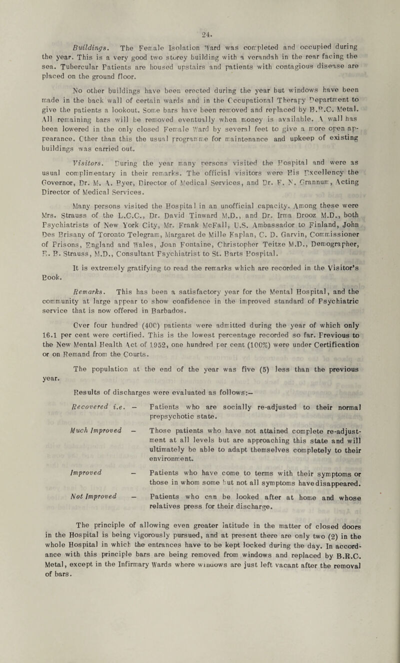 Buildings. The Female Isolation -Yard was completed and occupied during the year. This is a very good two storey building with a verandah in the rear facing the sea. Tubercular Patients are housed upstairs and patients with contagious disease are placed on the ground floor. Flo other buildings have been erected during the year but windows have been made in the back wall of certain wards and in the Occupational Therapy Department to give the patients a lookout. Some bars have been removed and replaced by B.°.C. Metal. All remaining bars will be removed eventually when money is available. A wall has been lowered in the only closed Female Ward by several feet to give a more open ap¬ pearance. Other than this the usual programme for maintenance and upkeep of existing buildings was carried out. Visitors. During the year many nersons visited the Hospital and were as usual complimentary in their remarks. The official visitors were Pis excellency the Governor, Dr. M. 4. Pyer, Director of Medical Services, and Dr. F. N. Grannum, Acting Director of Medical Services. Many persons visited the Pospital in an unofficial capacity. Among these were Mrs. Strauss of the L.C.C., Dr. David Tinward M.D., and Dr. Irma Drooz M.D., both Psychiatrists of New York City, Mr. Frank McFall, U.S. Ambassador to Finland, John Des Erisany of Toronto Telegram, Margaret de Mille Kaplan, C. D. Garvin, Commissioner of Prisons, England and Wales, Joan Fontaine, Christopher Teitze M.D., Demographer, E. B. Strauss, M.D., Consultant Fsychiatrist to St. Barts Pospital. It is extremely gratifying to read the remarks which are recorded in the Visitor’s Eook. Remarks. This has been a satisfactory year for the Mental Hospital, and the community at large appear to show confidence in the improved standard of Psychiatric service that is now offered in Barbados. Over four hundred (400) patients were admitted during the year of which only 16.1 per cent were certified. This is the lowest percentage recorded so far. Frevious to the New Mental Health 4ct of 1952, one hundred per cent (100%) were under Certification or on Demand from the Courts. year. The population at the end of the year was five (5) less than the previous Results of discharges were evaluated as follows:— Recovered i.e. — Patients who are socially re-adjusted to their normal prepsychotic state. Much Improved — Those patients who have not attained complete re-adjust¬ ment at all levels but are approaching this state and will ultimately be able to adapt themselves completely to their environment. Improved Rot Improved Patients who have come to terms with their symptoms or those in whom some but not all symptoms have disappeared. Patients who can be looked after at home and whose relatives press for their discharge. The principle of allowing even greater latitude in the matter of closed doors in the Hospital is being vigorously pursued, and at present there are only two (2) in the whole Hospital in which the entrances have to be kept locked during the day. In accord¬ ance with this principle bars are being removed from windows and replaced by B.R.C. Metal, except in the Infirmary Wards where winuows are just left vacant after the removal of bars.