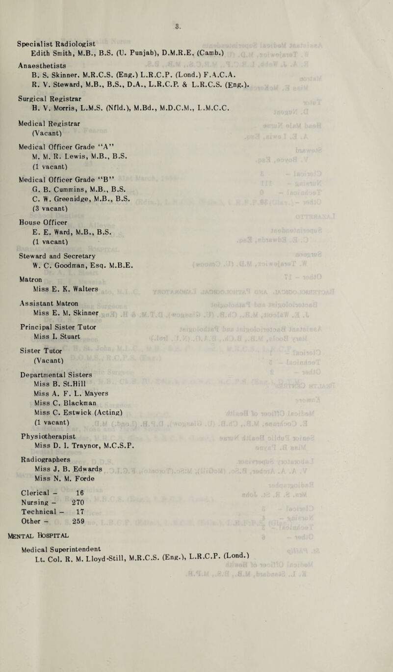 Specialist Radiologist Edith Smith, M.B., B.S. (U. Punjab), D.M.R.E. (Camb.) Anaesthetists B. S. Skinner. M.R.C.S. (Eng.) L.R.C.P. (Lond.) F.A.C.A. R. V. Steward, M.B., B.S., D.A., L.R.C.P. & L.R.C.S. (Eng.). Surgical Registrar B. V. Morris, L.M.S. (Nfld.), M.Bd., M.D.C.M., L.M.C.C. Medical Registrar (Vacant) Medical Officer Grade “A” M. M. R. Lewis, M.B., B.S. (1 vacant) Medical Officer Grade “B” G. B. Cummins, M.B., B.S. C. W. Greenidge, M.B., B.S. (3 vacant) Bouse Officer E. E. Ward, M.B., B.S. (1 vacant) Steward and Secretary W. C. Goodman, Esq. M.B.E. Matron Miss E. K. Walters Assistant Matron Miss E. M. Skinner Principal Sister Tutor Miss I. Stuart Sister Tutor (Vacant) Departmental Sisters Miss B. St.Bill Miss A. F. L. Mayers Miss C. Blackman Miss C. Estwick (Acting) (1 vacant) Physiotherapist Miss D. I. Traynor, M.C.S.P. Radiographers Miss J. B. Edwards Miss N. M. Forde Clerical - 16 Nursing - 270 Technical — 17 Other - 259 Mental Hospital Medical Superintendent Lt. Col. R. M. Lloyd-Still, M.R.C.S. (Eng.), L.R.C.P. (Lond.)