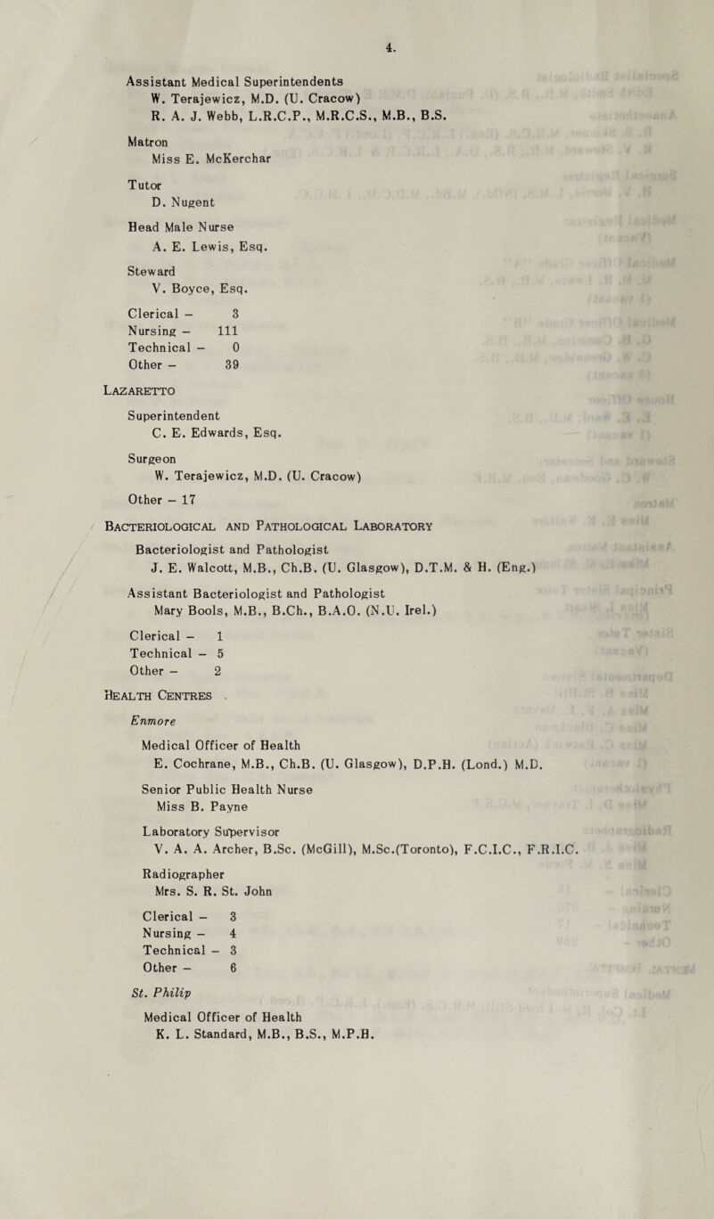 Assistant Medical Superintendents W. Terajewicz, M.D. (U. Cracow) R. A. J. Webb, L.R.C.P., M.R.C.S., M.B., B.S. Matron Miss E. McKerchar Tutor D. Nugent Bead Male Nurse A. E. Lewis, Esq. Steward V. Boyce, Esq. Clerical — 3 Nursing - 111 Technical - 0 Other - 39 Lazaretto Superintendent C. E. Edwards, Esq. Surgeon W. Terajewicz, M.D. (U. Cracow) Other - 17 Bacteriological and Pathological Laboratory Bacteriologist and Pathologist J. E. Walcott, M.B., Ch.B. (U. Glasgow), D.T.M. & B. (Eng.) Assistant Bacteriologist and Pathologist Mary Bools, M.B., B.Ch., B.A.O. (N.L. Irel.) Clerical - 1 Technical — 5 Other - 2 Bealth Centres . Enmore Medical Officer of Bealth E. Cochrane, M.B., Ch.B. (U. Glasgow), D.P.B. (Lond.) M.D. Senior Public Bealth Nurse Miss B. Payne Laboratory Supervisor V. A. A. Archer, B.Sc. (McGill), M.Sc.(Toronto), F.C.I.C., F.R.I.C. Radiographer Mrs. S. R. St. John Clerical - 3 Nursing - 4 Technical - 3 Other - 6 St. Philip Medical Officer of Bealth K. L. Standard, M.B., B.S., M.P.B.