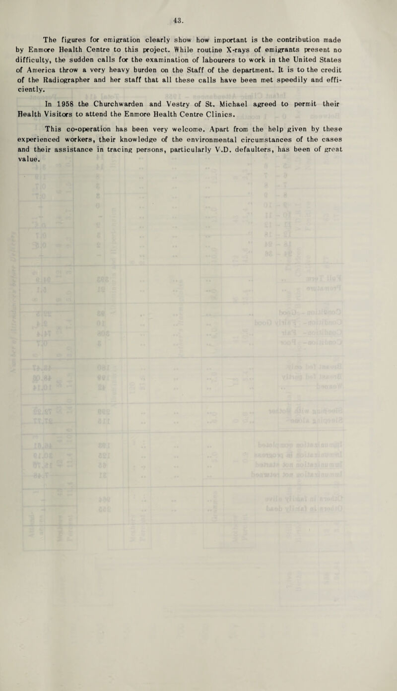 The figures for emigration clearly show how important is the contribution made by Enmore Health Centre to this project. While routine X-rays of emigrants present no difficulty, the sudden calls for the examination of labourers to work in the United States of America throw a very heavy burden on the Staff of the department. It is to the credit of the Radiographer and her staff that all these calls have been met speedily and effi¬ ciently. In 1958 the Churchwarden and Vestry of St. Michael agreed to permit their Health Visitors to attend the Enmore Health Centre Clinics. This co-operation has been very welcome. Apart from the help given by these experienced workers, their knowledge of the environmental circumstances of the cases and their assistance in tracing persons, particularly V.D. defaulters, has been of great value.