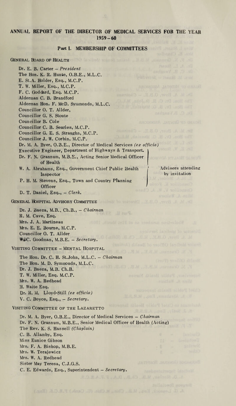 ANNUAL REPORT OF THE DIRECTOR OF MEDICAL SERVICES FOR THE YEAR 1959-60 Part I. MEMBERSHIP OF COMMITTEES General Board op Health Dr. E. B. Carter — President The Hon. K. R. Hunte, O.B.E., M.L.C. E. St.A. Holder, Esq., M.C.P. T. W. Miller, Esq., M.C.P. F. C. Goddard, Esq. M.C.P. Alderman C. B. Brandford Alderman Hon. F. McD. Symmonds, M.L.C. Councillor 0. T. Allder, Councillor G. S. Stoute Councillor B. Cole Councillor C. B. Searles, M.C.P. Councillor G. E. S. Straughn, M.C.P. Councillor J. W. Corbin, M.C.P. Dr. M. A. Byer, O.3.E., Director of Medical Services (ex officio) Executive Engineer, Department of Highways & Transport. Dr. F. N. Grannum, M.B.E., Acting Senior Medical Officer of Health W. A. Abrahams, Esq., Government Chief Public Health Inspector P. H. M. Stevens, Esq., Town and Country Planning Officer D. T. Daniel, Esq., - Clerk. Advisers attending by invitation General Hospital Advisory Committee Dr. J. Baeza, M.B., Ch.B., - Chairman R. M. Cave, Esq. Mrs. J. A. Martineau Mrs. E. E. Bourne, M.C.P. Councillor 0. T. Allder W&C. Goodman, M.B.E. - Secretary. Visiting Committee - Mental Hospital The Hon. Dr. C. H. St.John, M.L.C. - Chairman The Hon. M. D. Symmonds, M.L.C. Dr. J. Baeza, M.B. Ch.B. T. W. Miller, Esq. M.C.P. Mrs. W. A. Redhead H. Waite Esq. Dr. R. M. Lloyd-Still (ex officio) V. C. Boyce, Esq., - Secretary. Visiting Committee of the Lazaretto Dr. M. A. Byer, O.B.E., Director of Medical Services - Chairman Dr. F. N. Grannum, M.B.E., Senior Medical Officer of Health (Acting) The Rev. K. S. Hassell (Chaplain) C. B. Allamby, Esq. Miss Eunice Gibson Mrs. F. A. Bishop, M.B.E. Mrs. W. Terajewicz Mrs. W. A. Redhead Sister May Teresa, C.J.G.S. C. E. Edwards, Esq., Superintendent — Secretary.