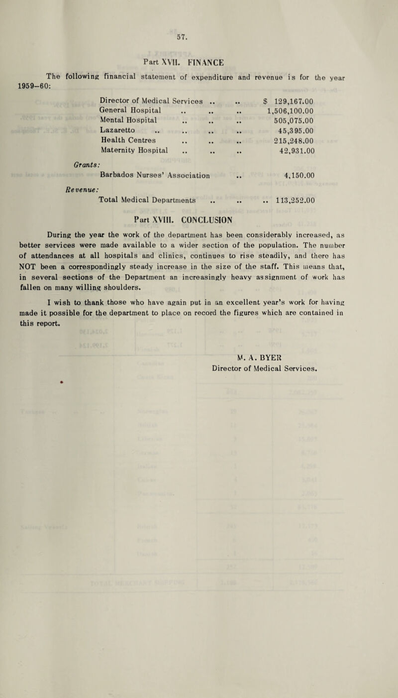 Part XVII. FINANCE The following financial statement of expenditure and revenue is for the year 1959-60: Grants Revenue: Director of Medical Services .. • • $ 129,167.00 General Hospital 1,506,100.00 Mental Hospital 505,075.00 Lazaretto 45,3 95.00 Health Centres 215,248.00 Maternity Hospital 42,931.00 Barbados Nurses’ Association • • 4,150.00 Total Medical Departments • • .. 113,252.00 Part XVIII. CONCLUSION During the year the work of the department has been considerably increased, as better services were made available to a wider section of the population. The number of attendances at all hospitals and clinics, continues to rise steadily, and there has NOT been a correspondingly steady increase in the size of the staff. This means that, in several sections of the Department an increasingly heavy assignment of work has fallen on many willing shoulders. I wish to thank those who have again put in an excellent year’s work for having made it possible for the department to place on record the figures which are contained in this report. M.A.BYER Director of Medical Services.