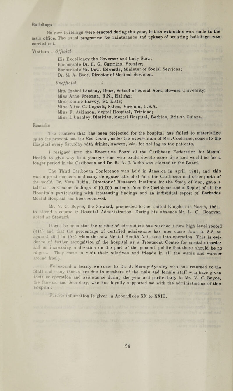 Buildings No new buildings were erected during the year, but an extension was made to the main office. The usual programme for maintenance and upkeep of existing buildings was carried out. Visitors — Official His Excellency the Governor and Lady Stow; Honourable Dr. H. G. Cummins, Premier; Honourable Mr. DaC. Edwards, Minister of Social Services; Dr. M. A. Byer, Director of Medical Services. Unofficial Mrs. Isabel Lindsay, Dean, School of Social Work, Howard University; Miss Anne Freeman, R.N., Halifax; Miss Elaine Harvey, St. Kitts; Miss Alice C. Legault, Salem, Virginia, U.S.A.; Mi ss F. Atkinson, Mental Hospital, Trinidad; Miss I. Lashley, Dietitian, Mental Hospital, Berbice, British Guiana. Remarks The Canteen that has been projected for the hospital has failed to materialize up to the present but the Red Cross, under the supervision of Mrs. Cochrane, comes to the Hospital every Saturday with drinks, sweets, etc. for selling to the patients. 1 resigned from the Executive Board of the Caribbean Federation for Mental Health to give way to a younger man who could devote more time and would be for a longer period in the Caribbean and Dr. R. A. J. Webb was elected to the Board. The Third Caribbean Conference was held in Jamaica in April, 1961, and this was a great success and many delegates attended from the Caribbean and other parts of the world. Dr. Vera Rubin, Director of Research Institute for the Study of Man, gave a talk on her Census findings of 10,000 patients from the Caribbean and a Report of all the Hospitals participating with interesting findings and an individual report of Barbados Mental Hospital has been received. Mr. V. C. Boyce, the Steward, proceeded to the United Kingdom in March, 1961, to attend a course in Hospital Administration. During his absence Mr. L. C. Donovan acted as Steward. It will be seen that the number of admissions has reached a new high level record (611) and that the percentage of certified admissions has now come down to 8.8 as against 40.1 in 1952 when the new Mental Health Act came into operation. This is evi¬ dence of further recognition of the hospital as a Treatment Centre for mental disorder and an increasing realization on the part of the general public that there should be no stigma. They come to visit their relatives and friends in all the wards and wander around freely. We extend a hearty welcome to Dr. J. Murray-Aynsley who has returned to the Staff and many thanks are due to members of the male and female staff who have given their co-operation and assistance during the year and particularly to Mr. V. C. Boyce, the Steward and Secretary, who has loyally supported me with the administration of this Hospital. Further information is given in Appendices XX to XXIII.